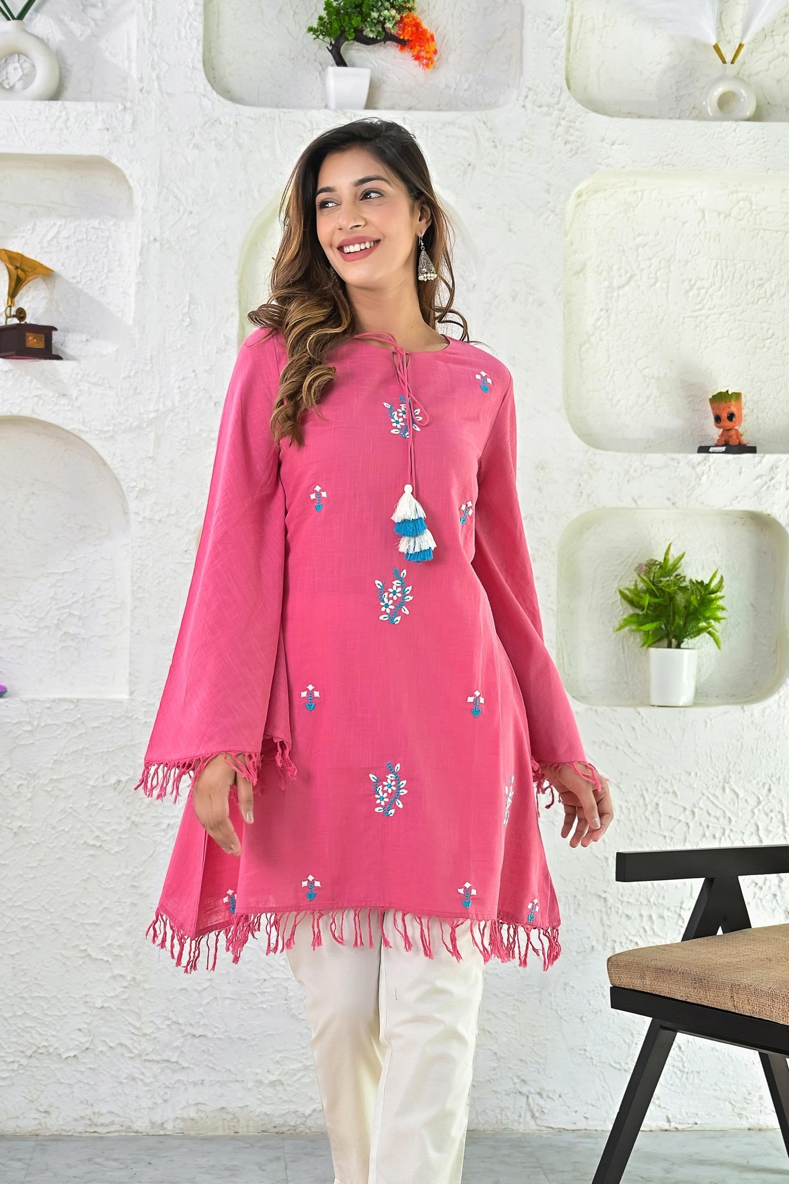 Pink Embroideried Cotton Umbrella Style Top