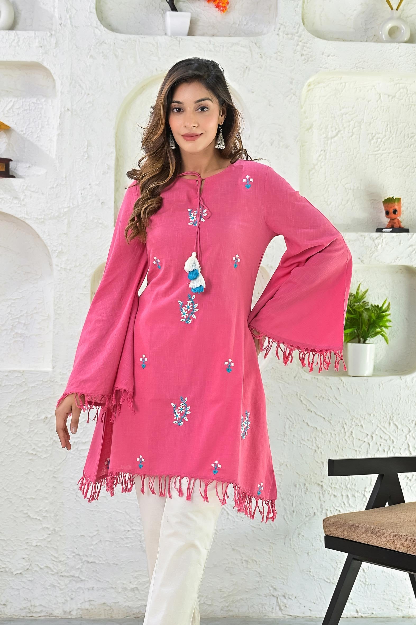 Pink Embroideried Cotton Umbrella Style Top