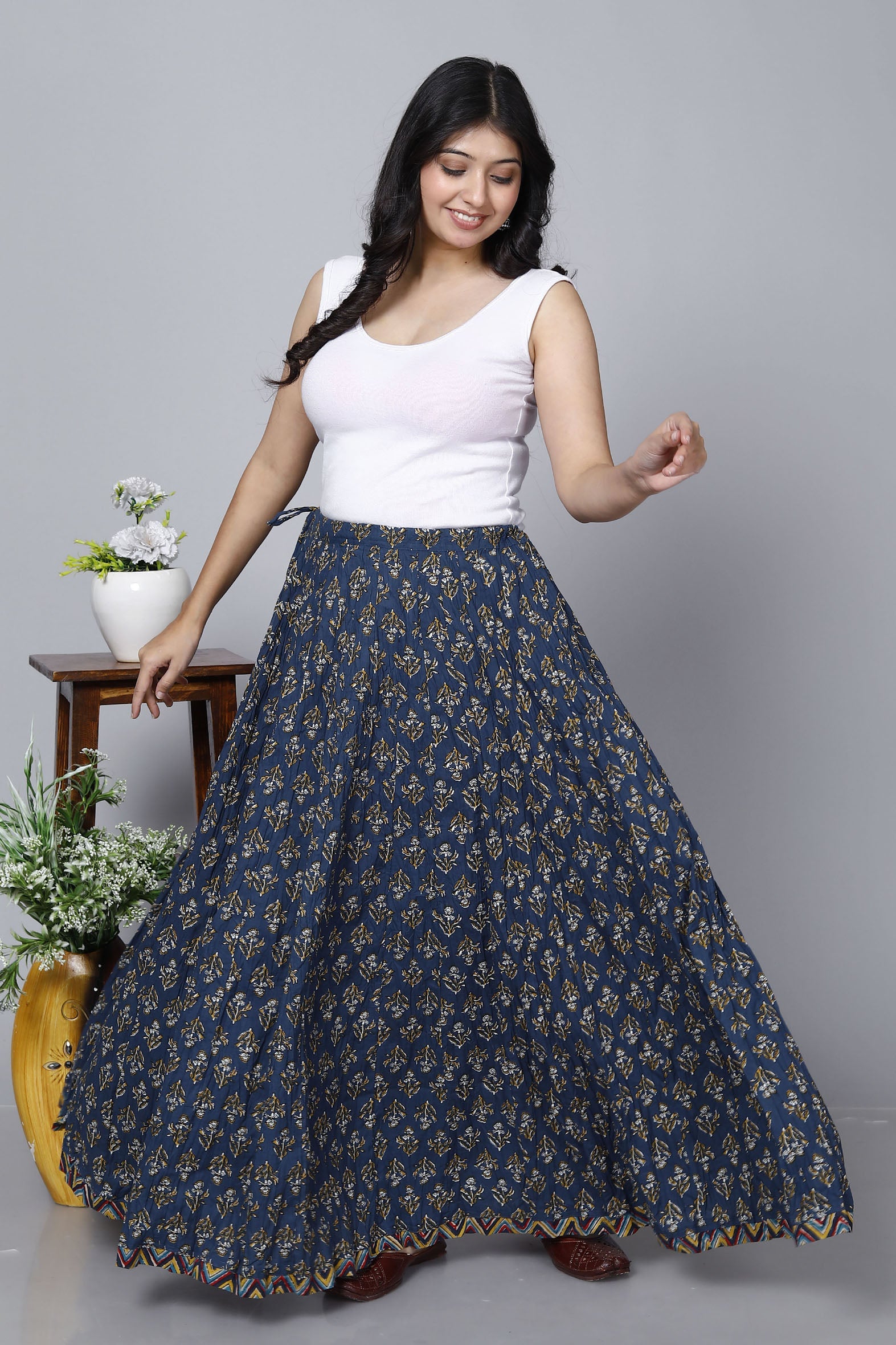 Navy Jaal Printed Long Cotton Skirt