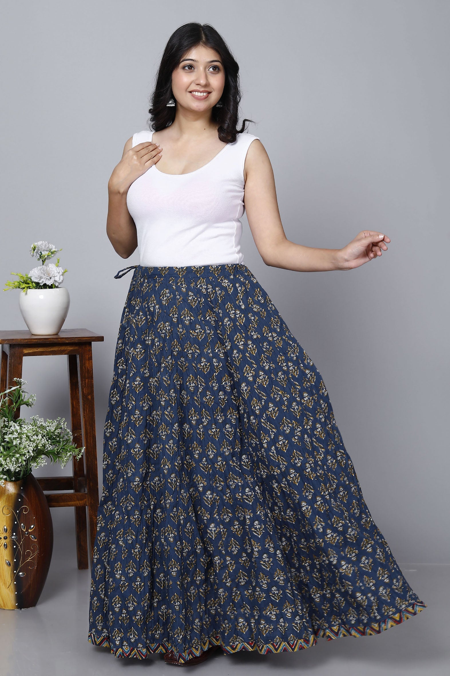 Navy Jaal Printed Long Cotton Skirt