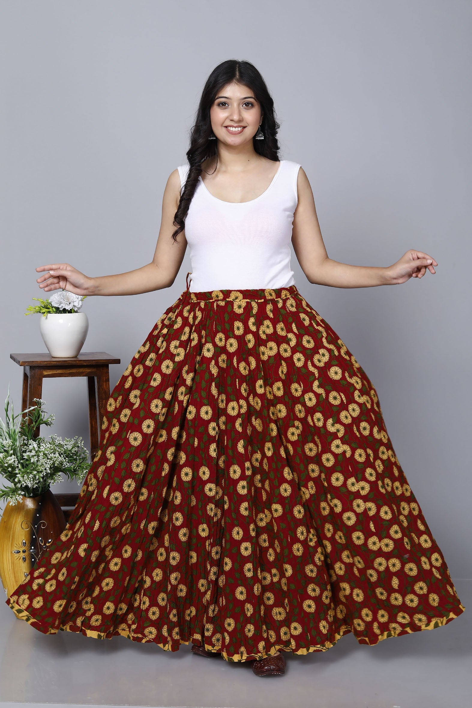 Red Jaal Printed Long Cotton Skirt