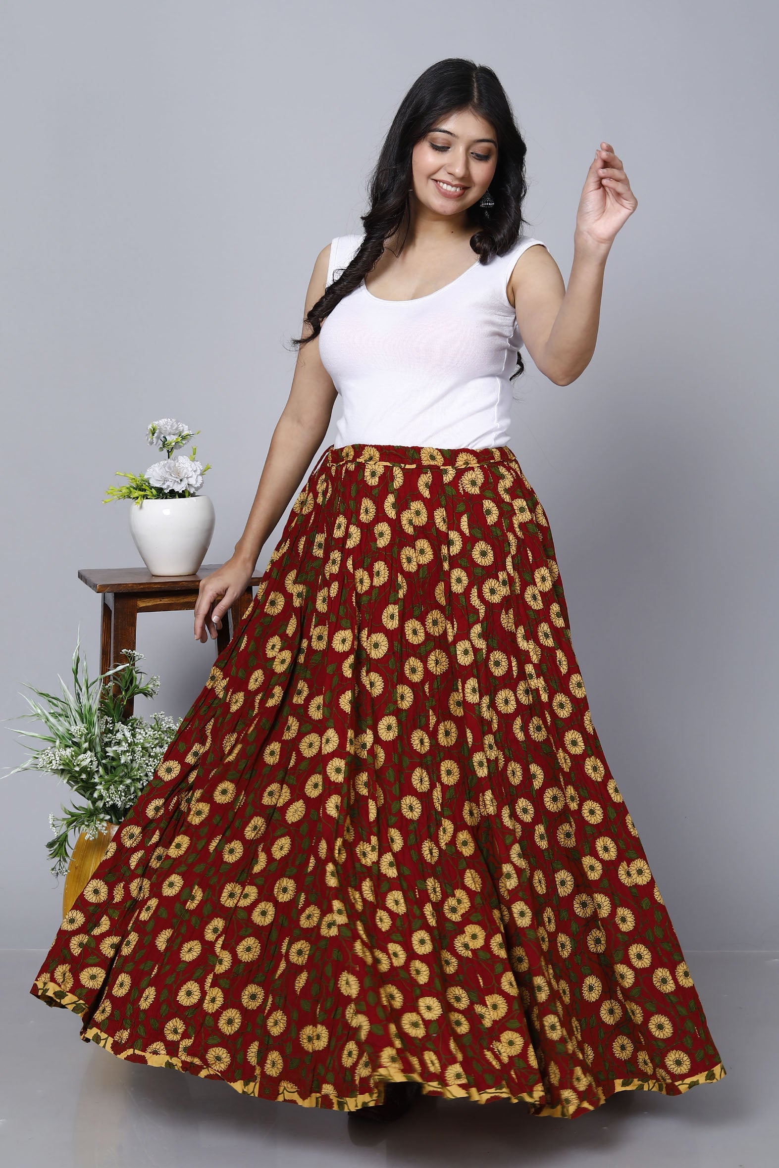 Red Jaal Printed Long Cotton Skirt