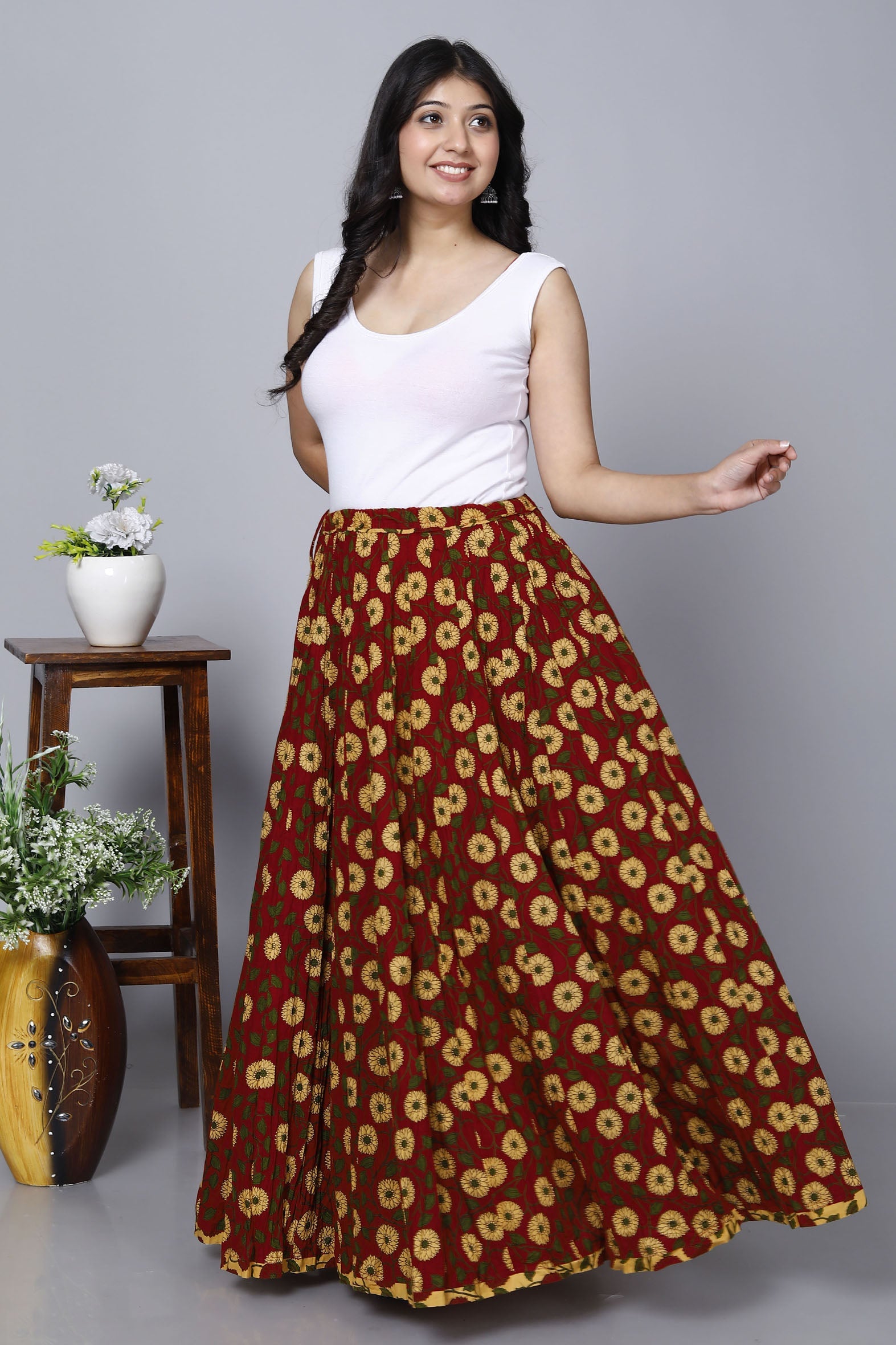 Red Jaal Printed Long Cotton Skirt