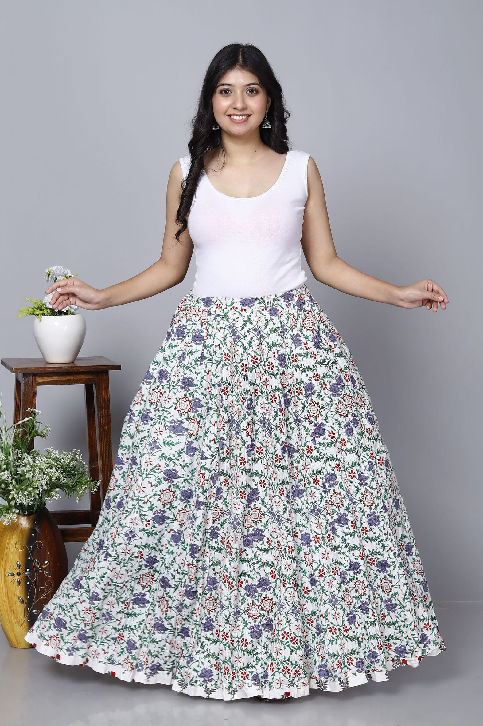 White Jaal Printed Long Cotton Skirt