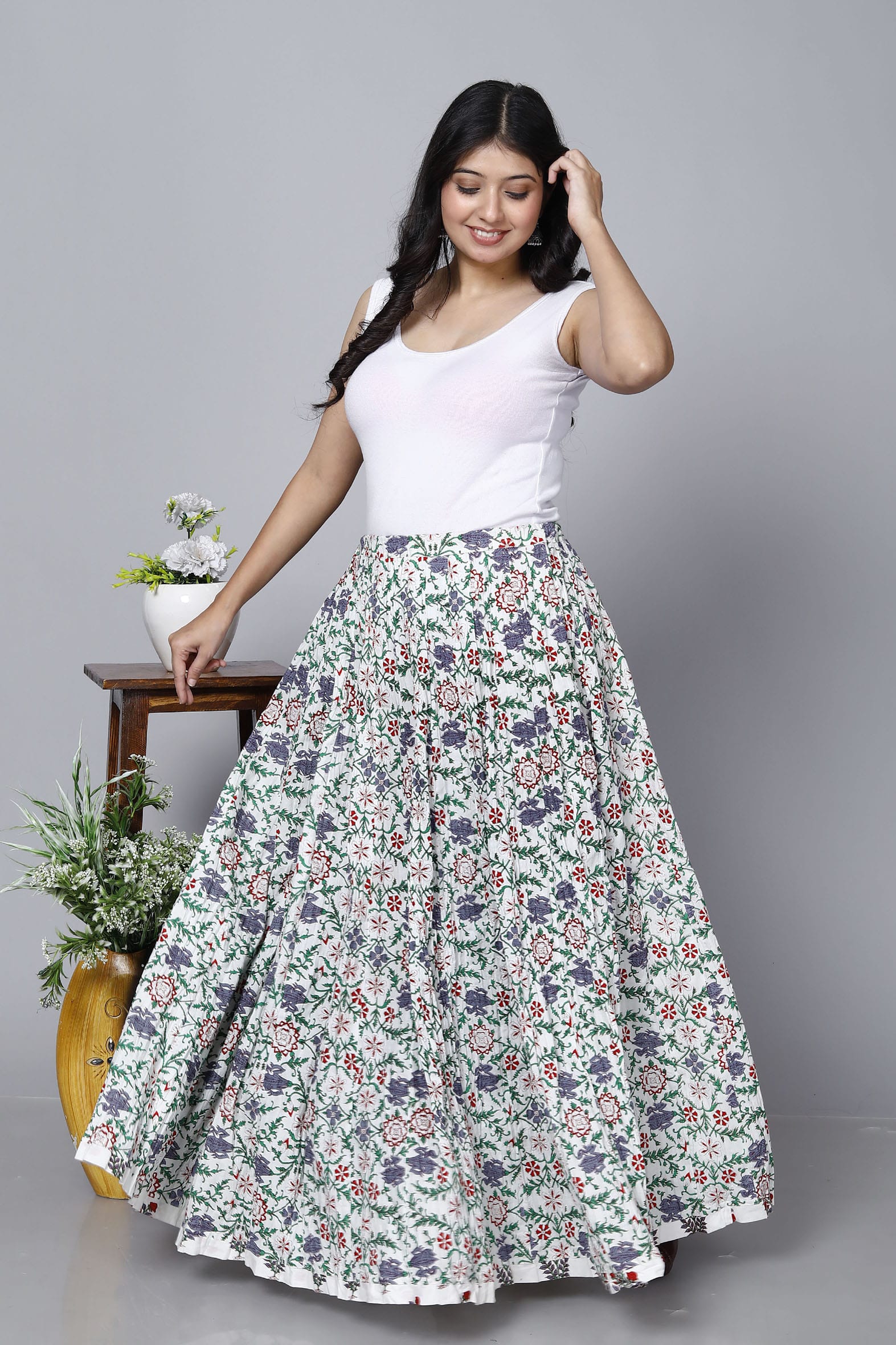 White Jaal Printed Long Cotton Skirt