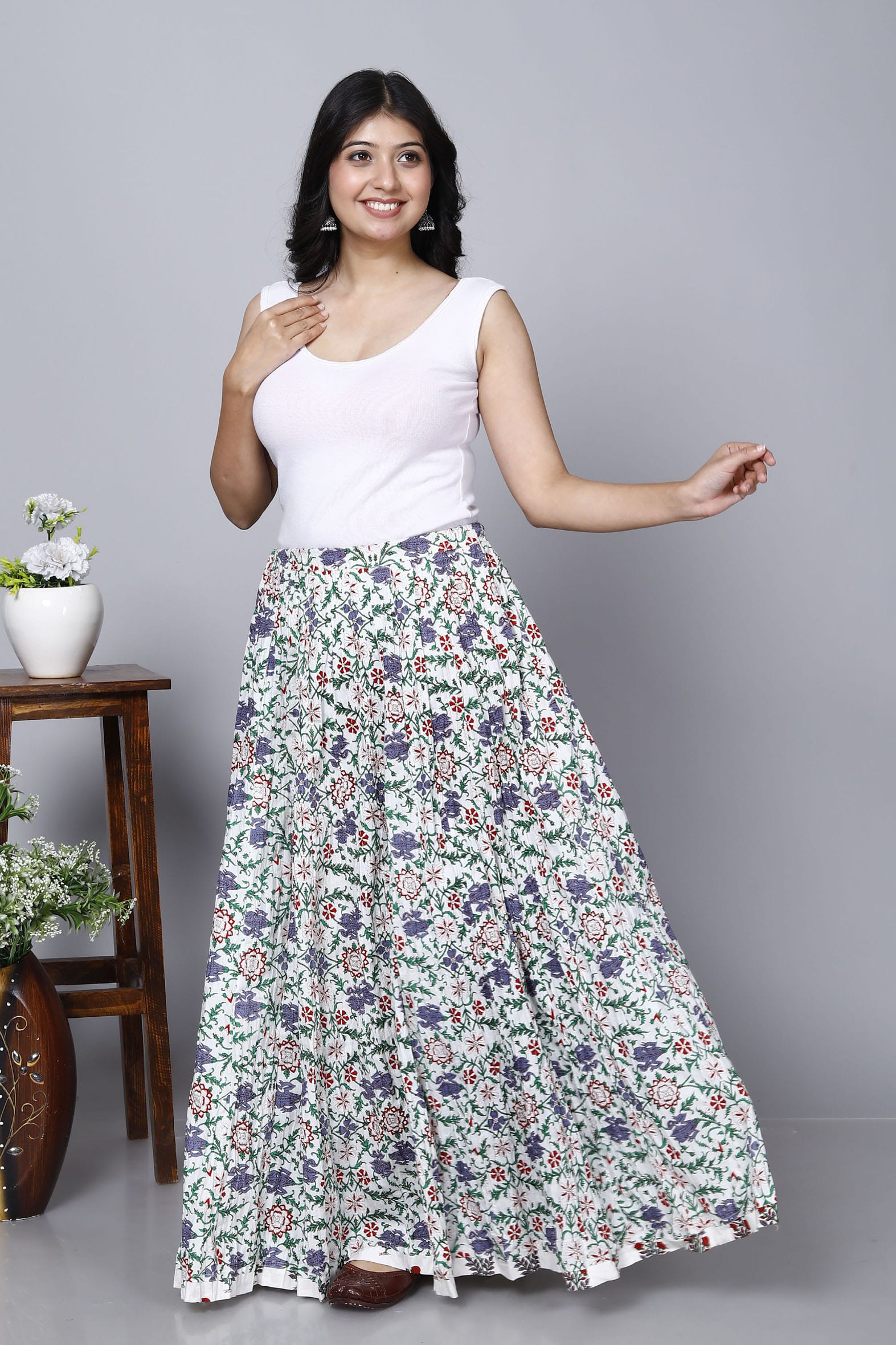 White Jaal Printed Long Cotton Skirt