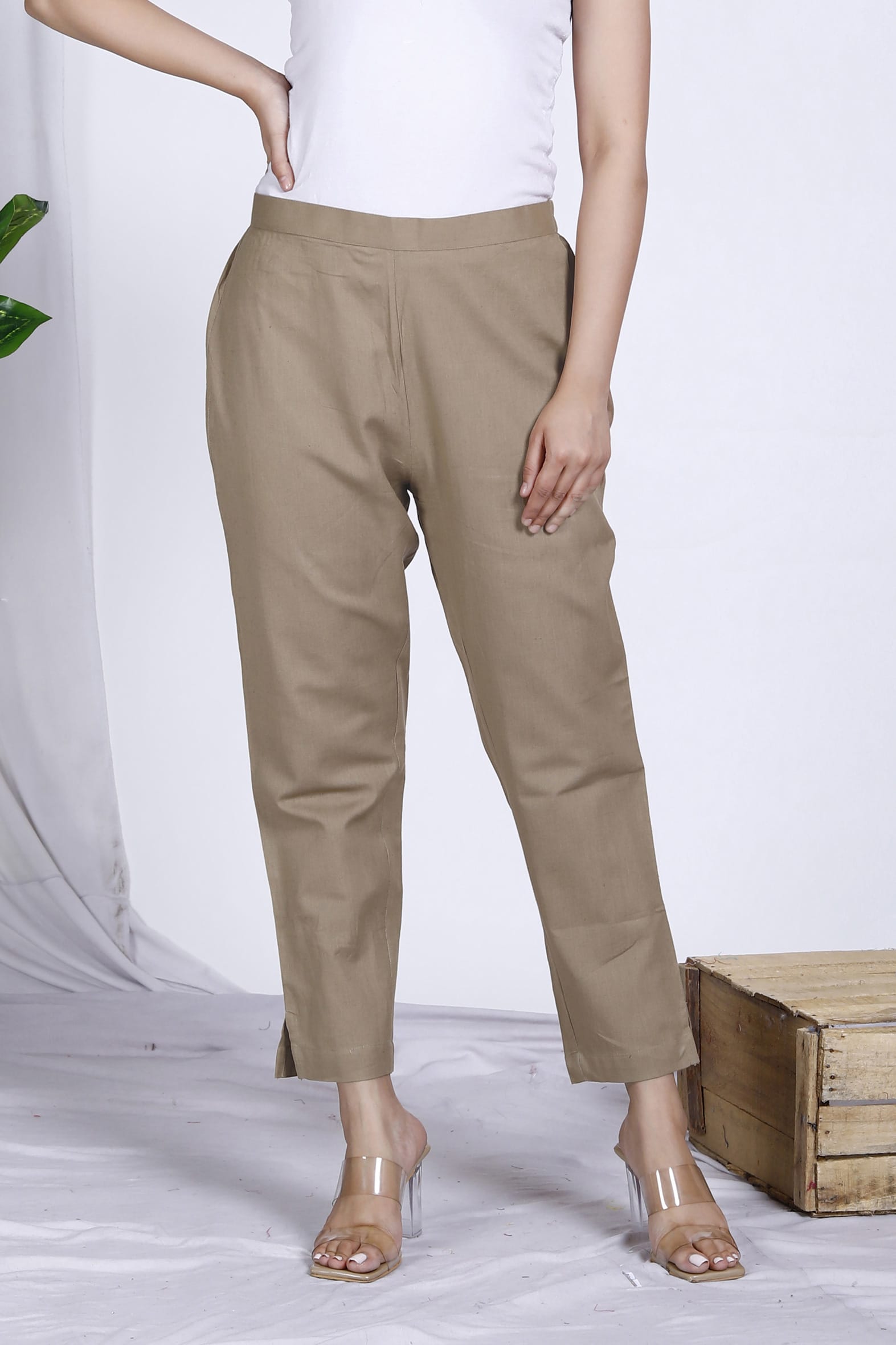 Beige Plain Cotton Pant