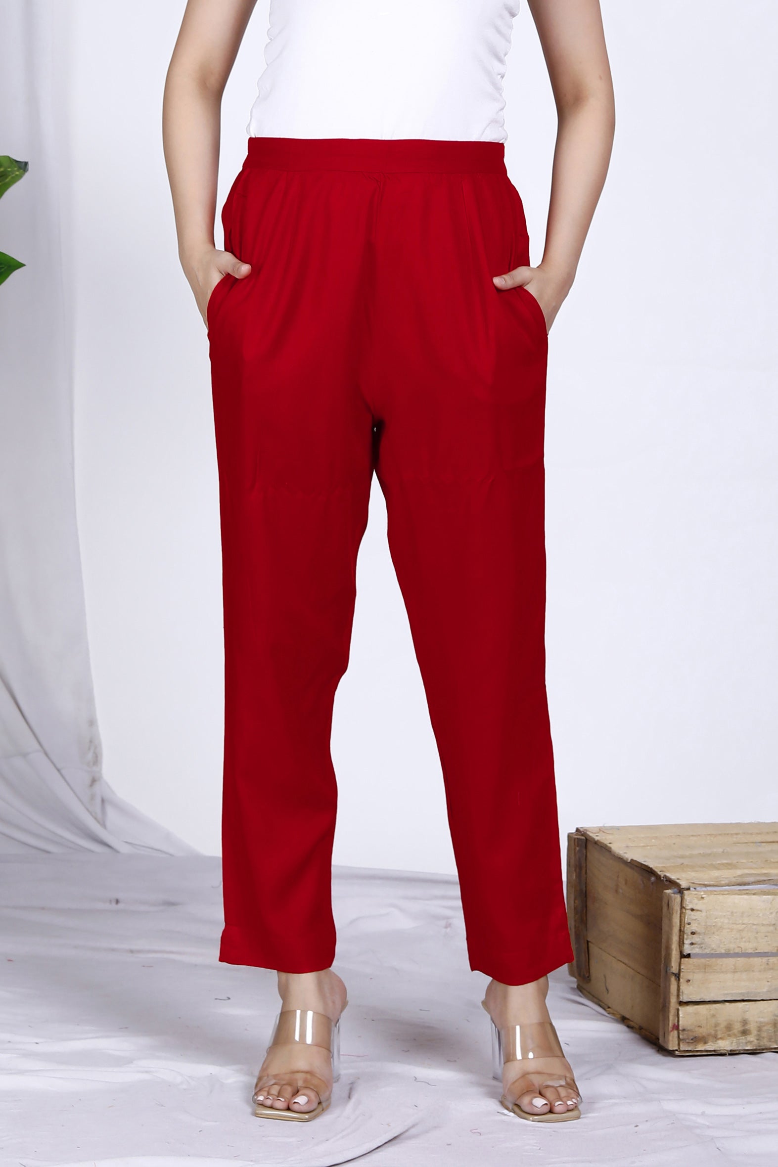 Red Plain Rayon Pant