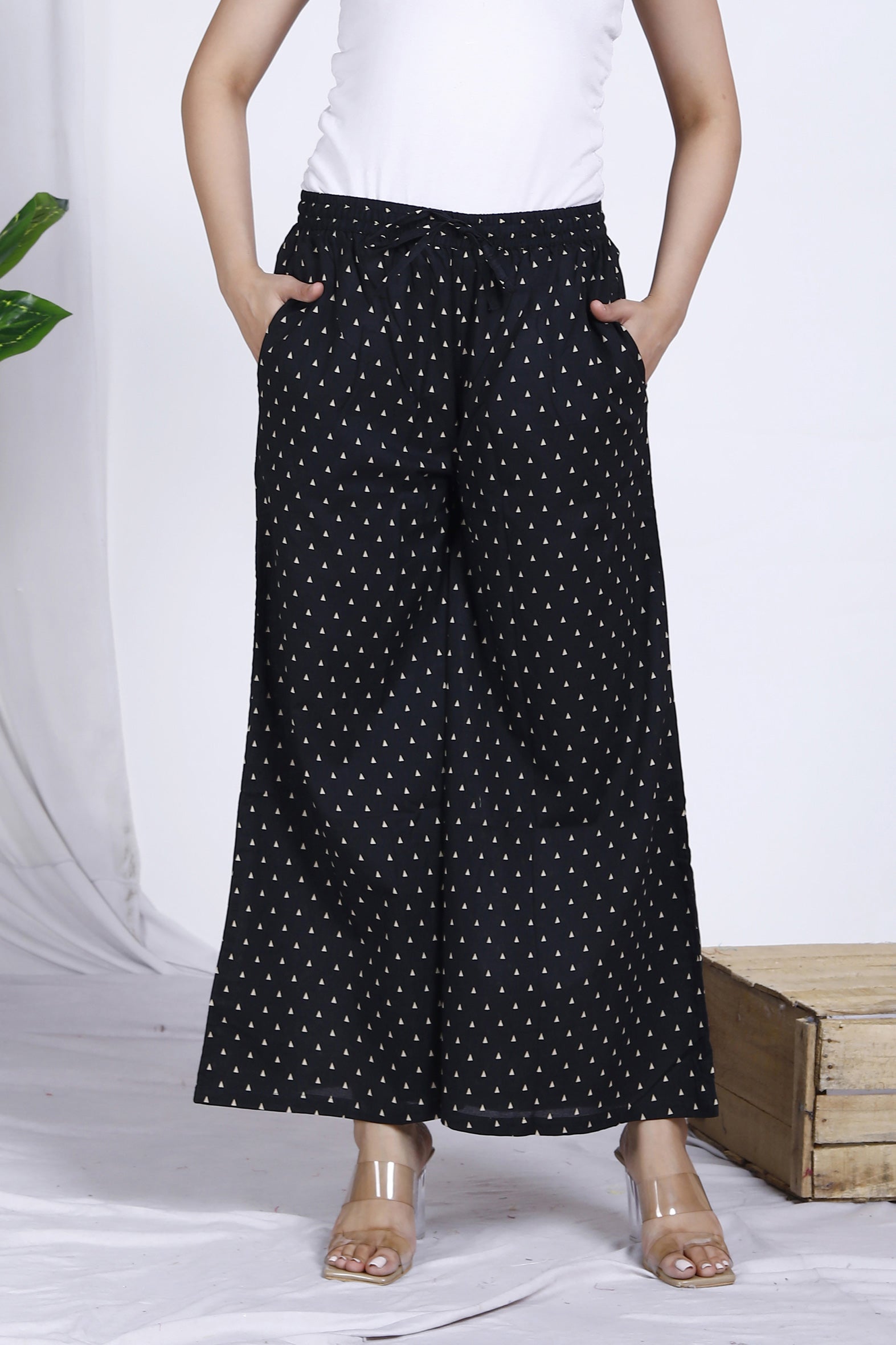 Black Polka Dot Printed Cotton Palazzo