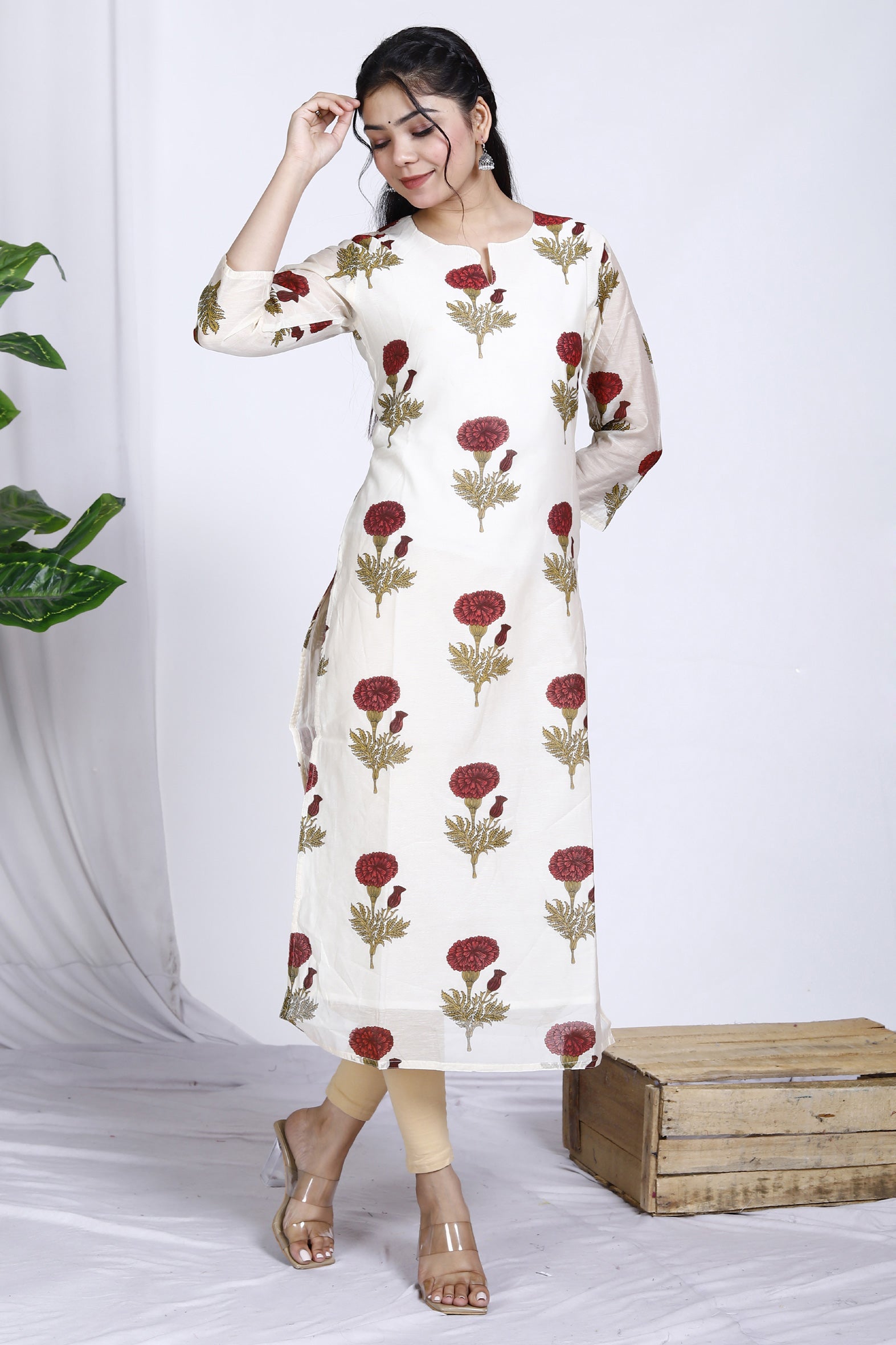 White Butta Printed Chanderi Kurta For Women