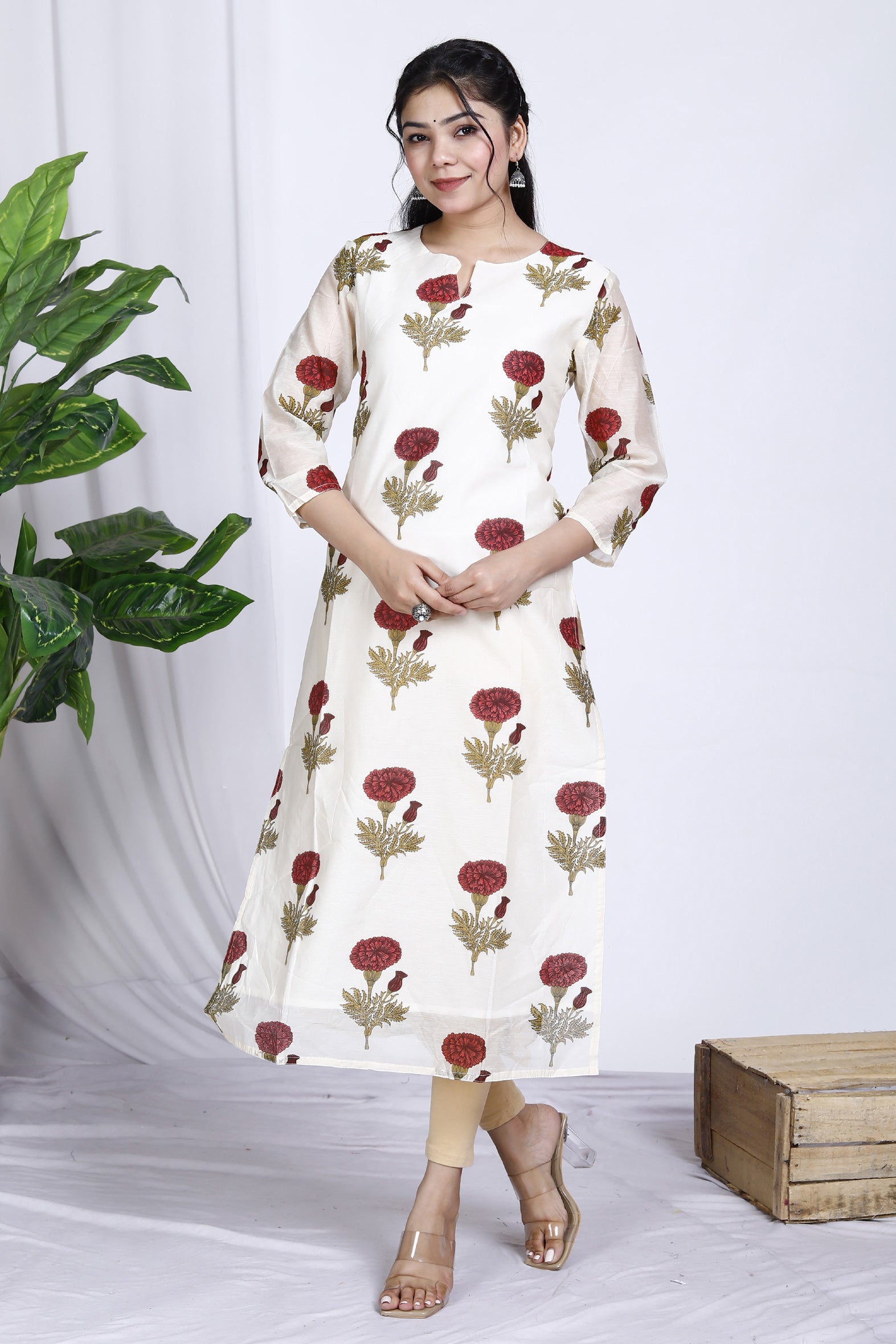 White Butta Printed Chanderi Kurta For Women