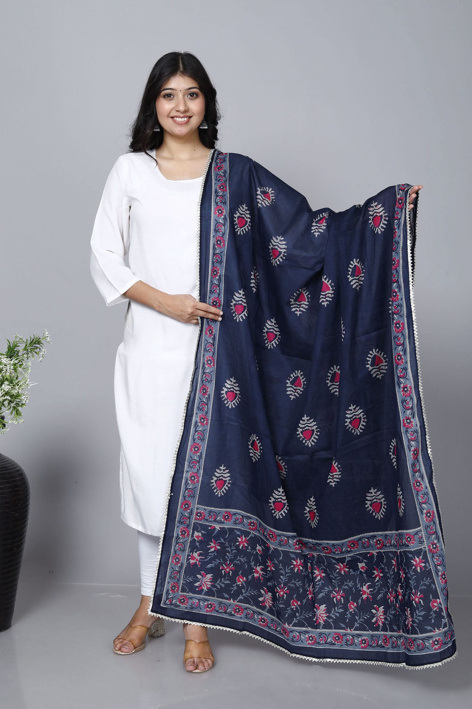 Navy Hand Block Printed Cotton Dupatta