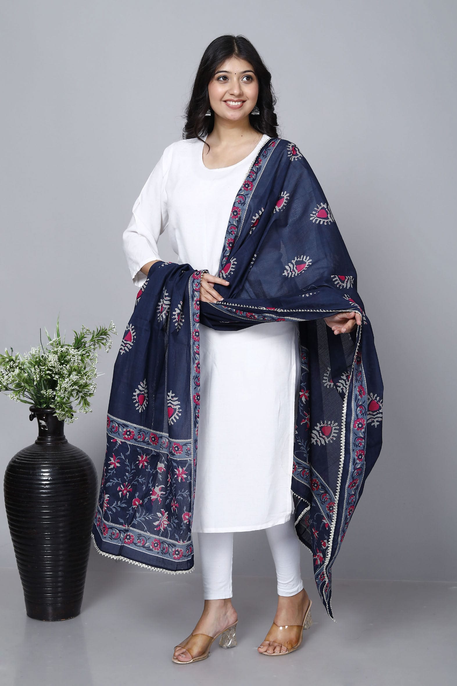 Navy Hand Block Printed Cotton Dupatta