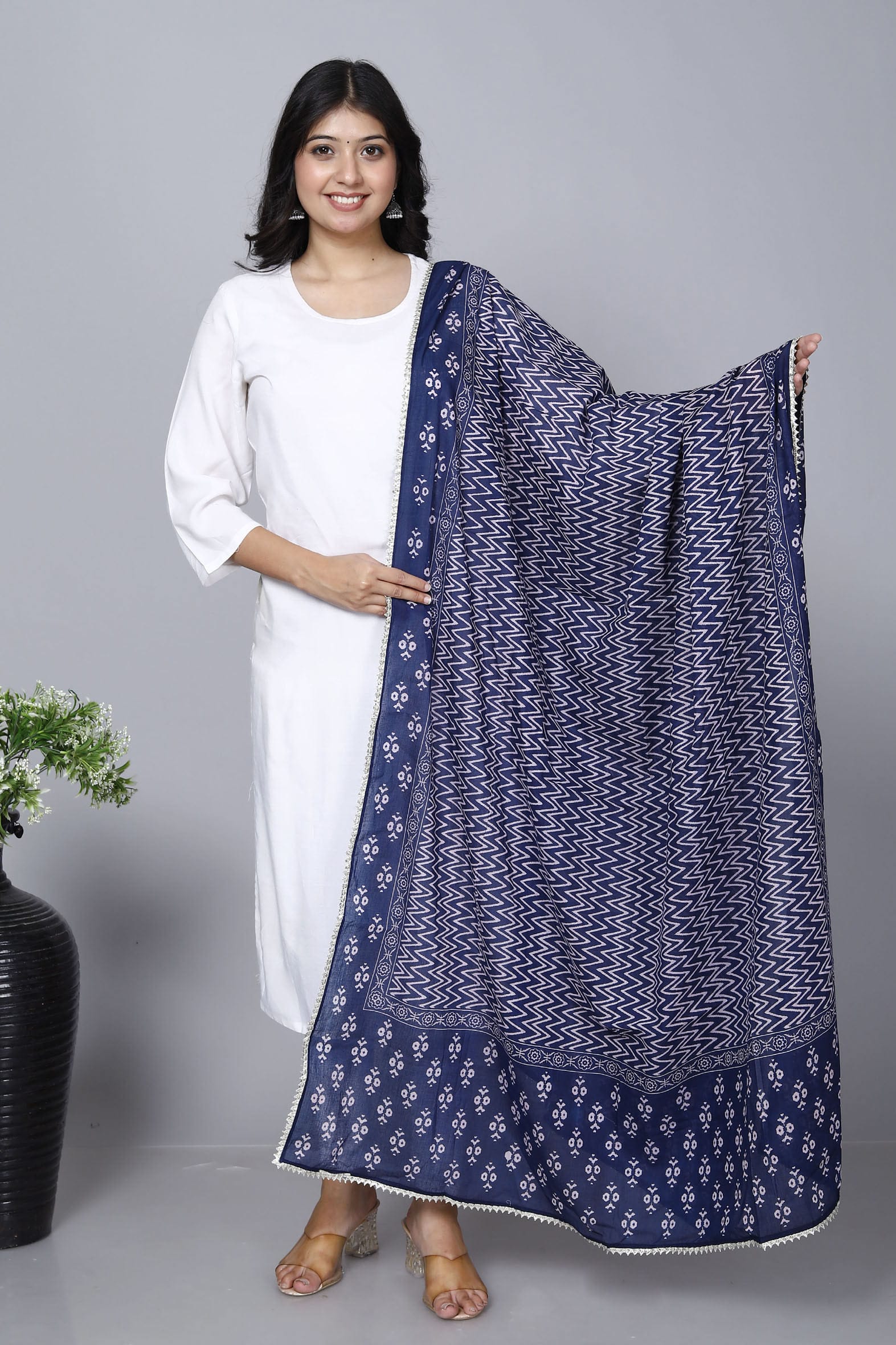 Navy Hand Block Printed Cotton Dupatta