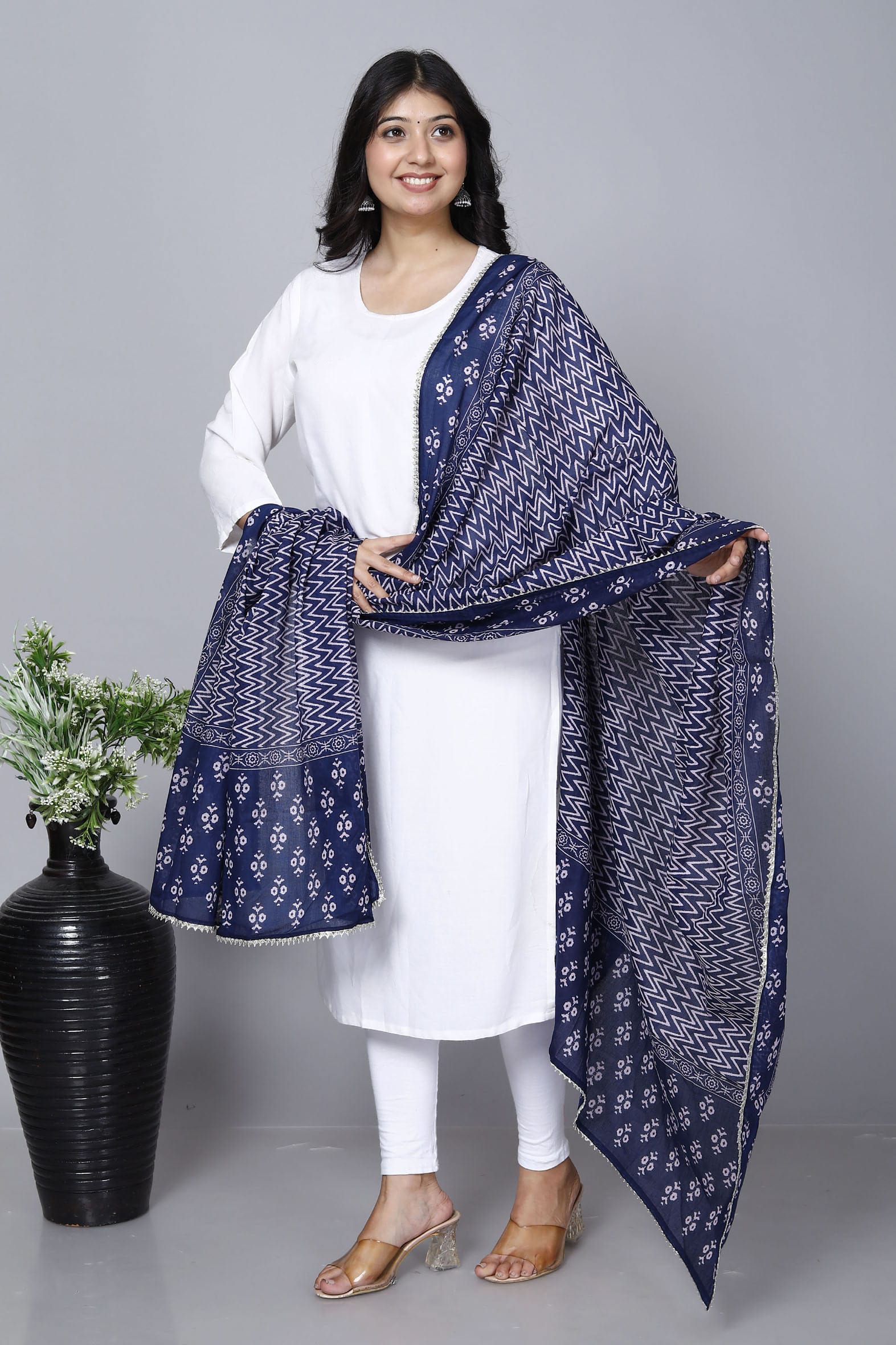 Navy Hand Block Printed Cotton Dupatta