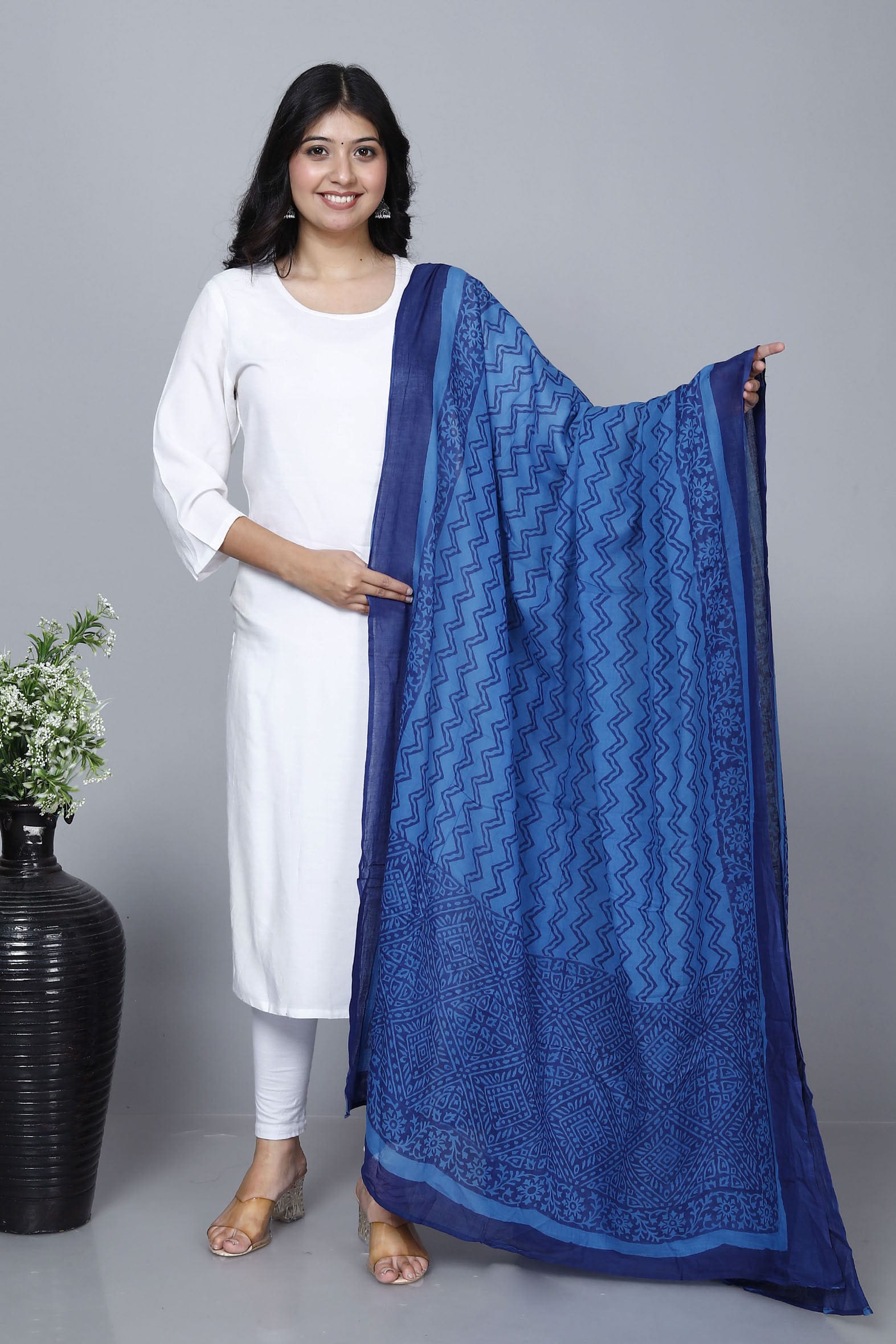 Blue Hand Block Printed Cotton Dupatta