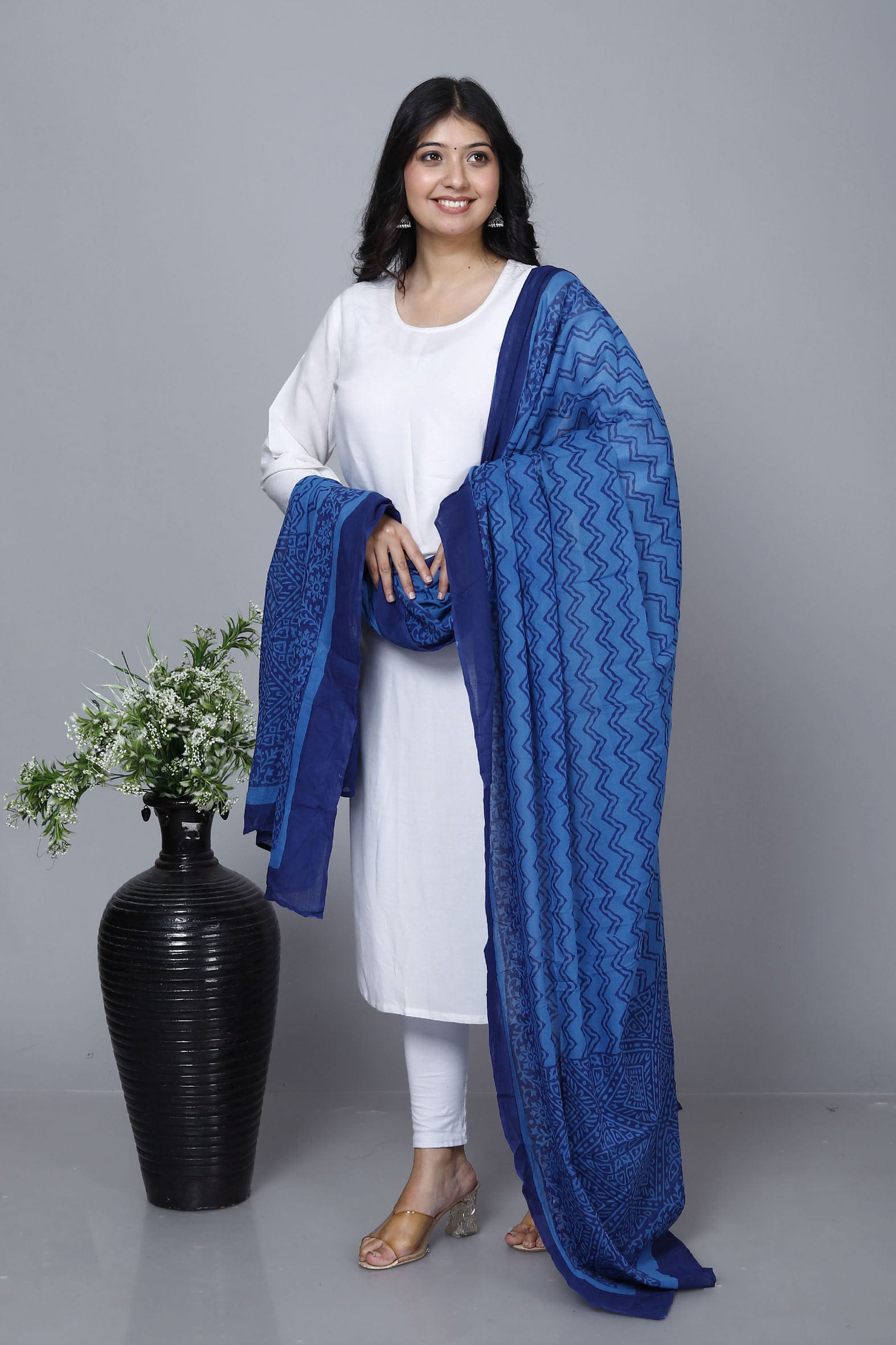 Blue Hand Block Printed Cotton Dupatta