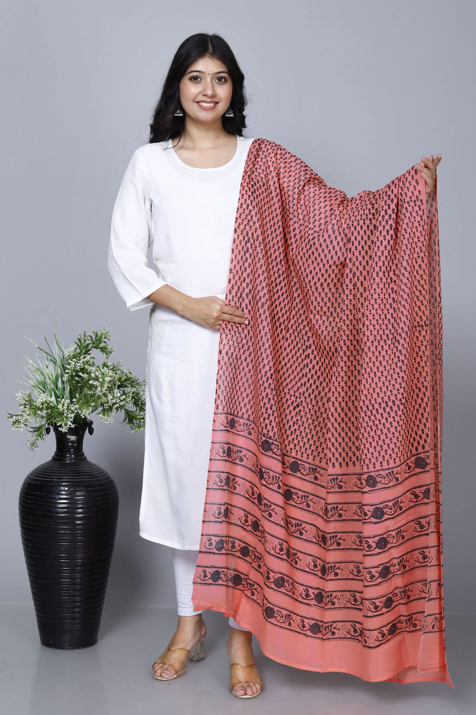 Peach Hand Block Printed Cotton Dupatta