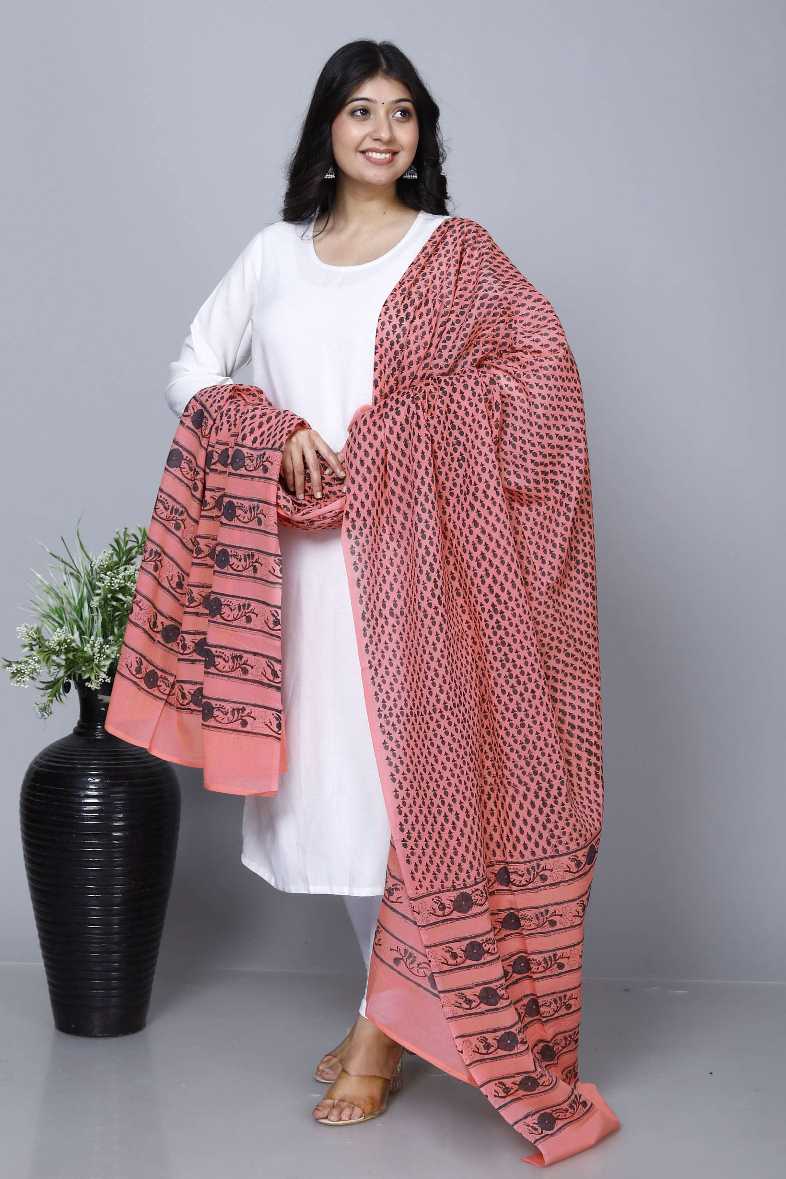 Peach Hand Block Printed Cotton Dupatta