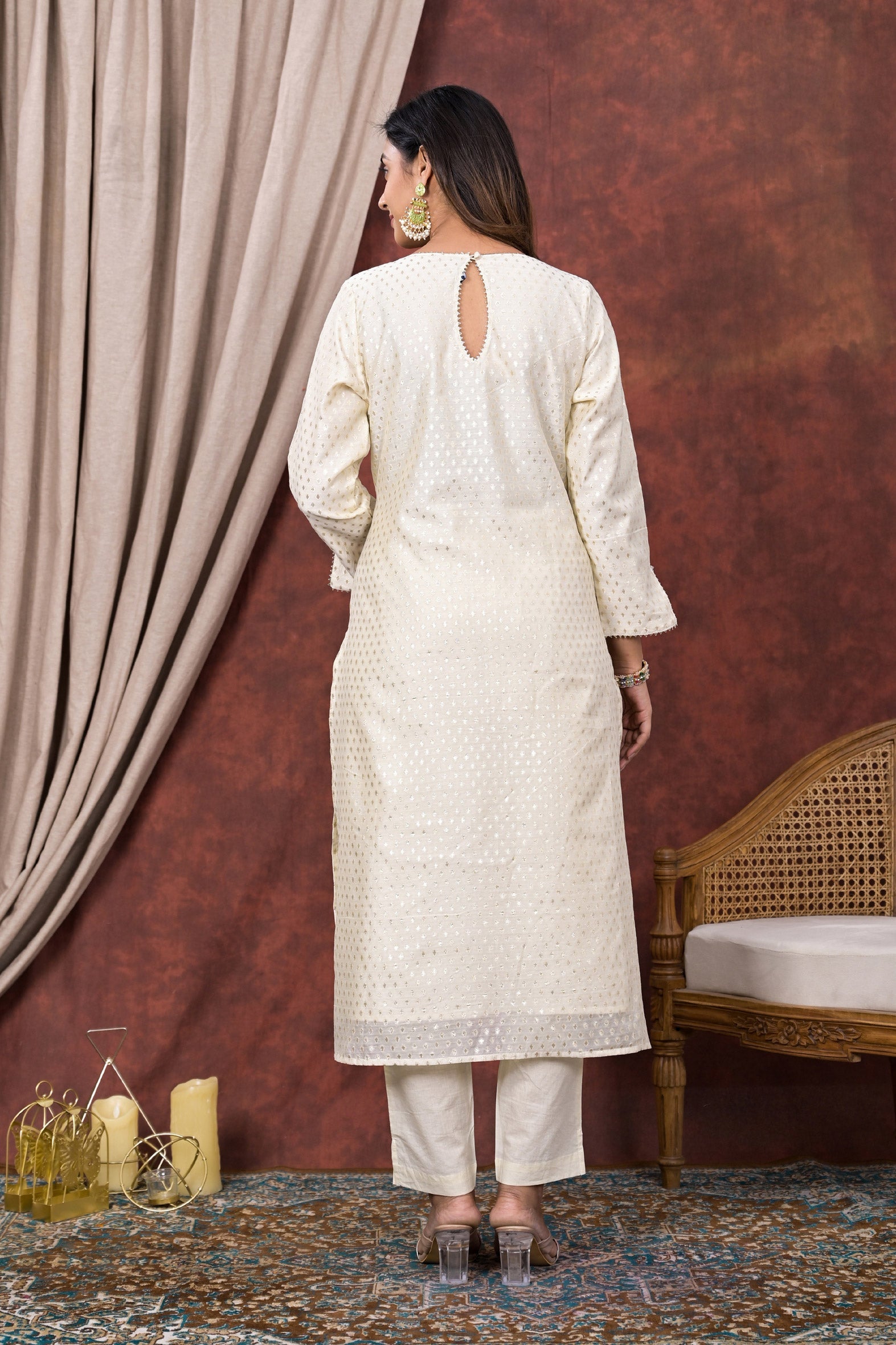 White Embellished Chanderi Kurta Pant Set