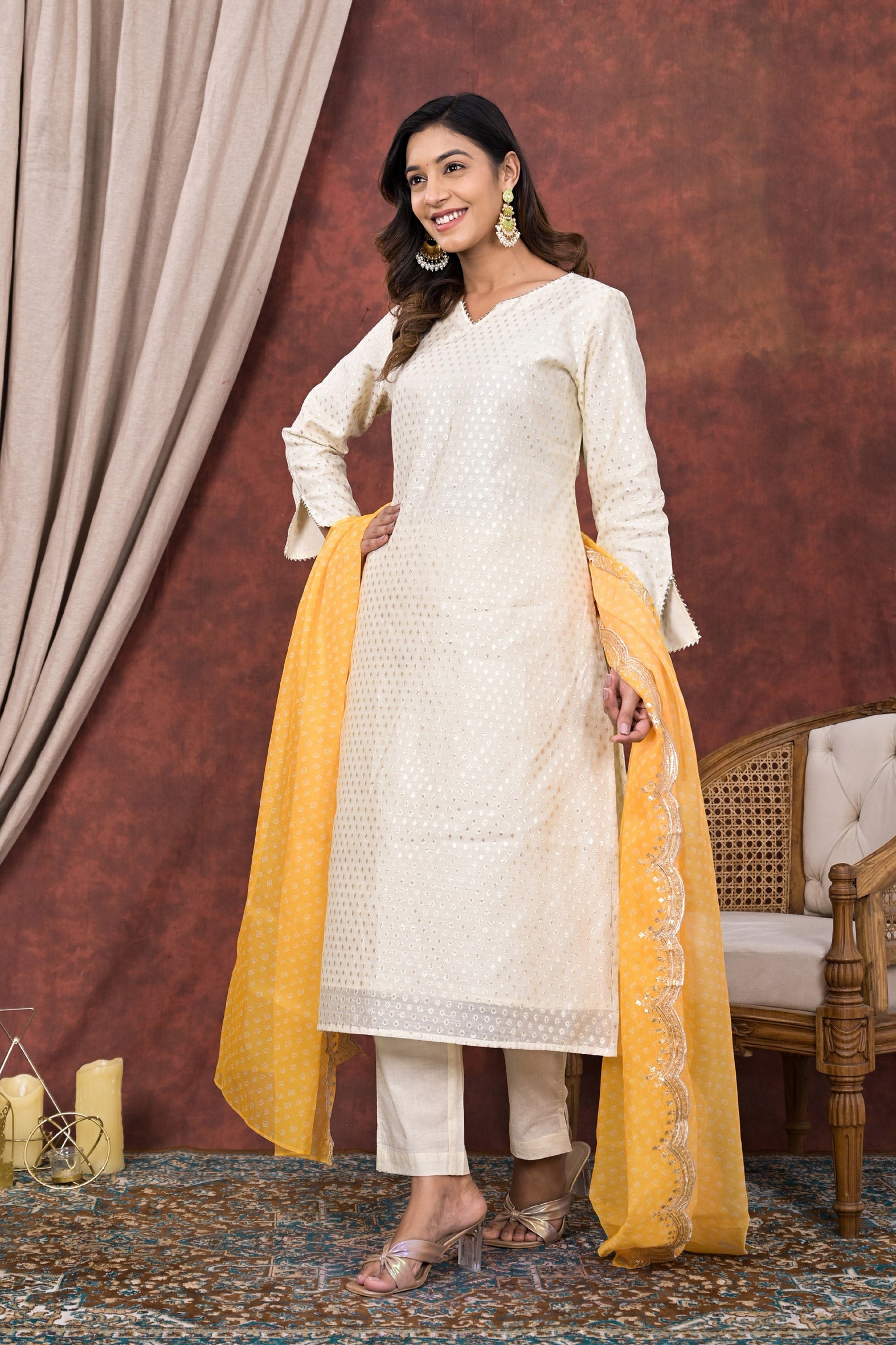 White Embellished Chanderi Kurta Pant Set With Chiffon Dupatta