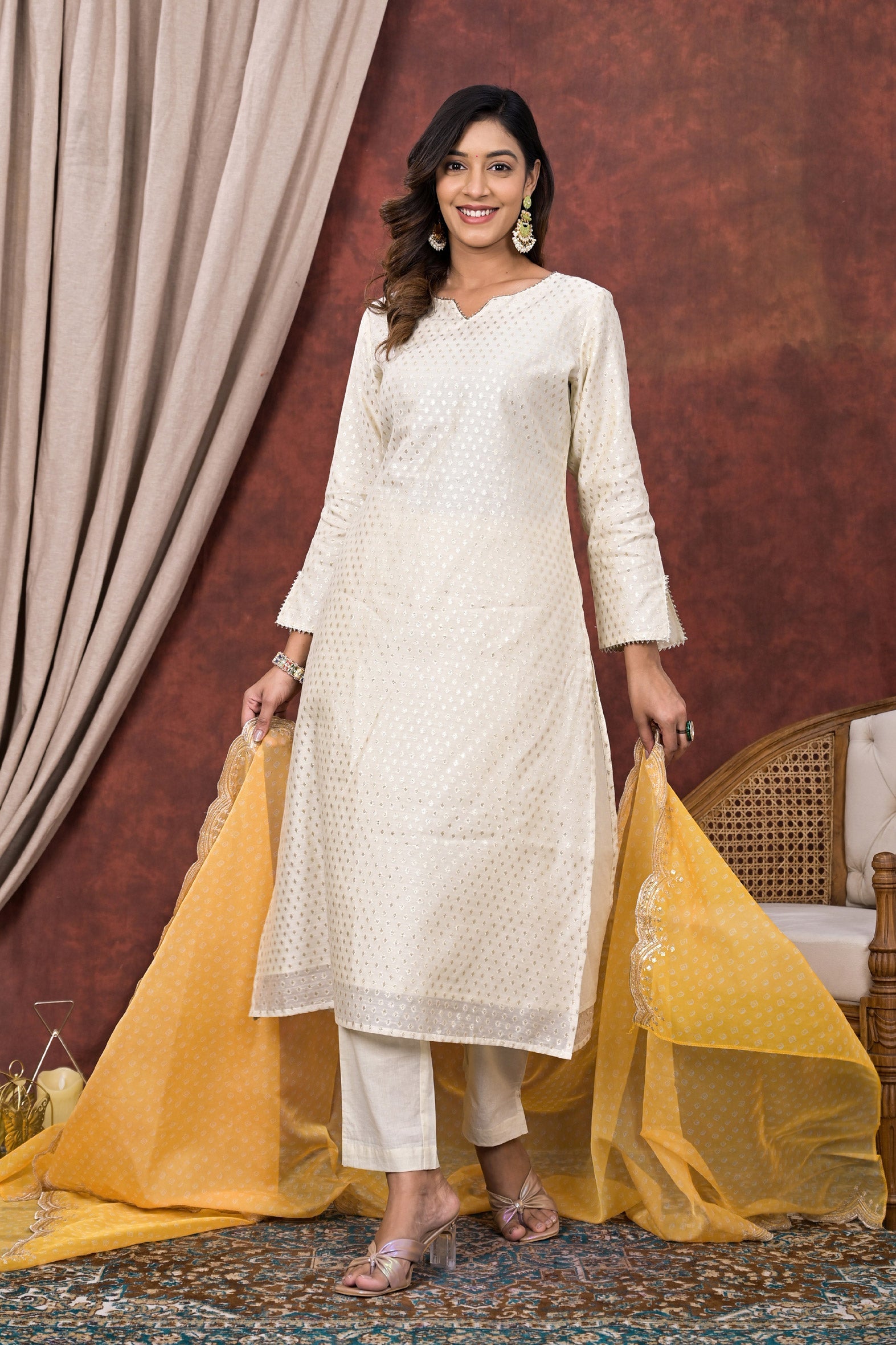 White Embellished Chanderi Kurta Pant Set With Chiffon Dupatta