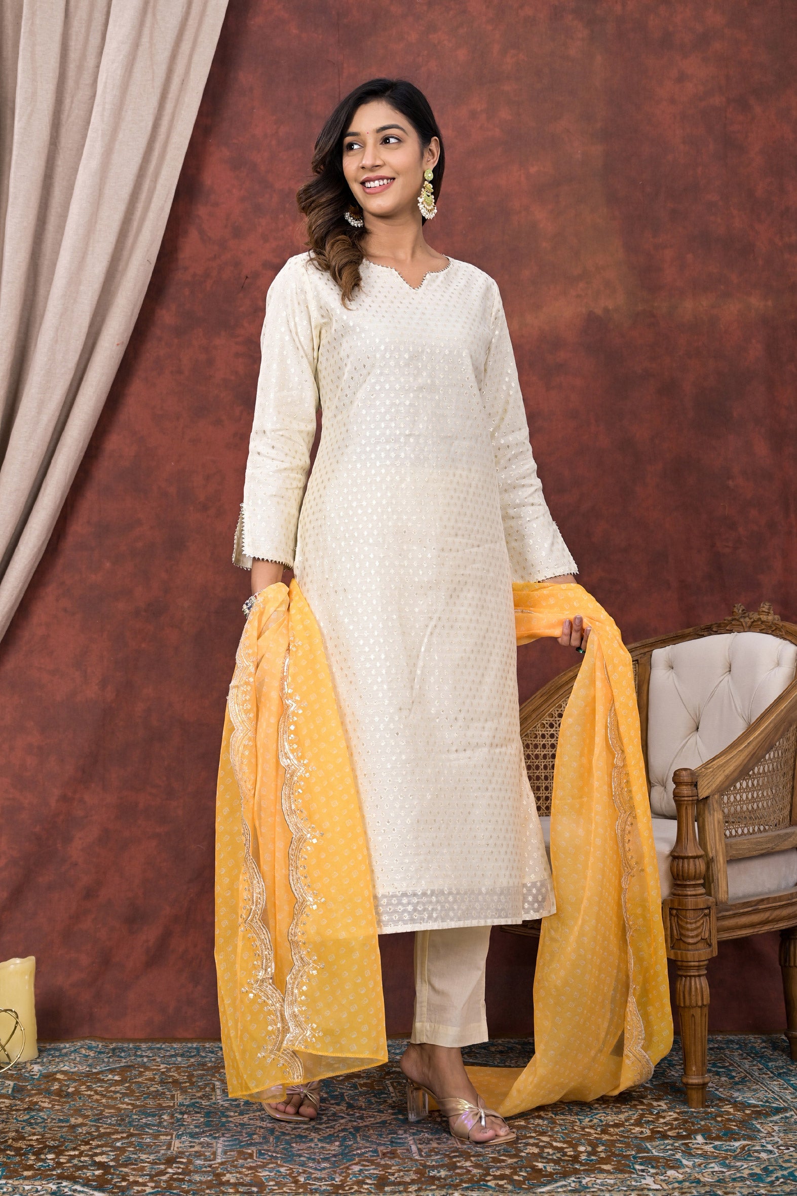 White Embellished Chanderi Kurta Pant Set With Chiffon Dupatta