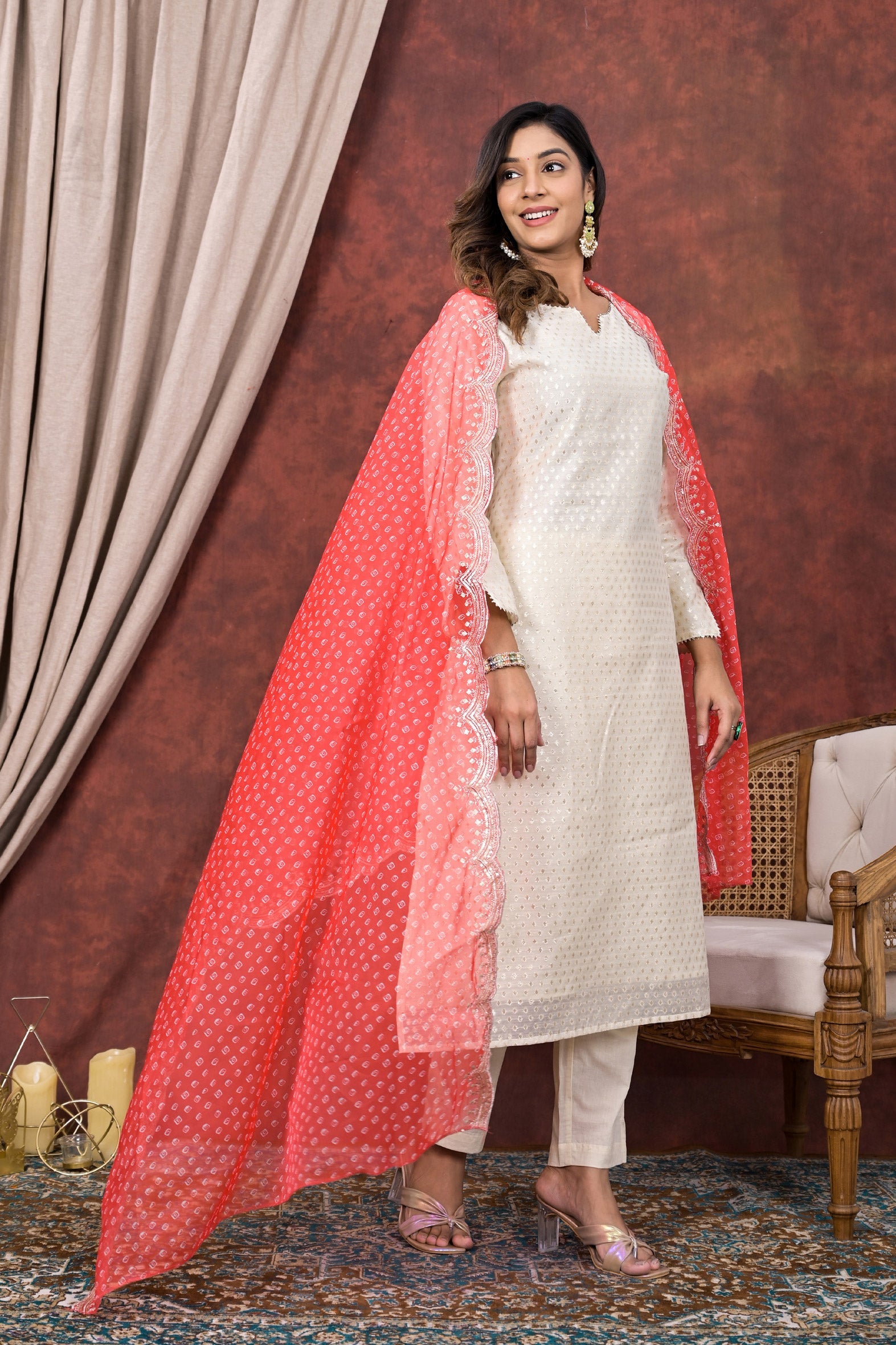 White Embellished Chanderi Kurta Pant Set With Chiffon Dupatta