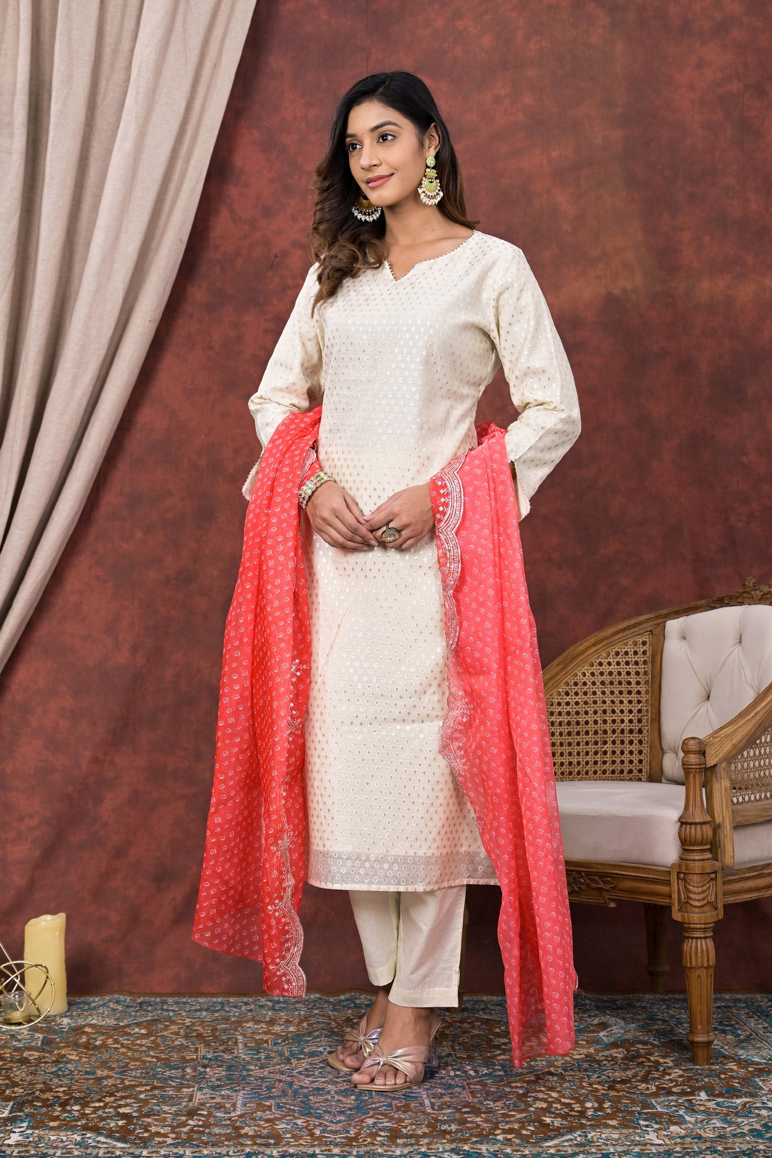 White Embellished Chanderi Kurta Pant Set With Chiffon Dupatta