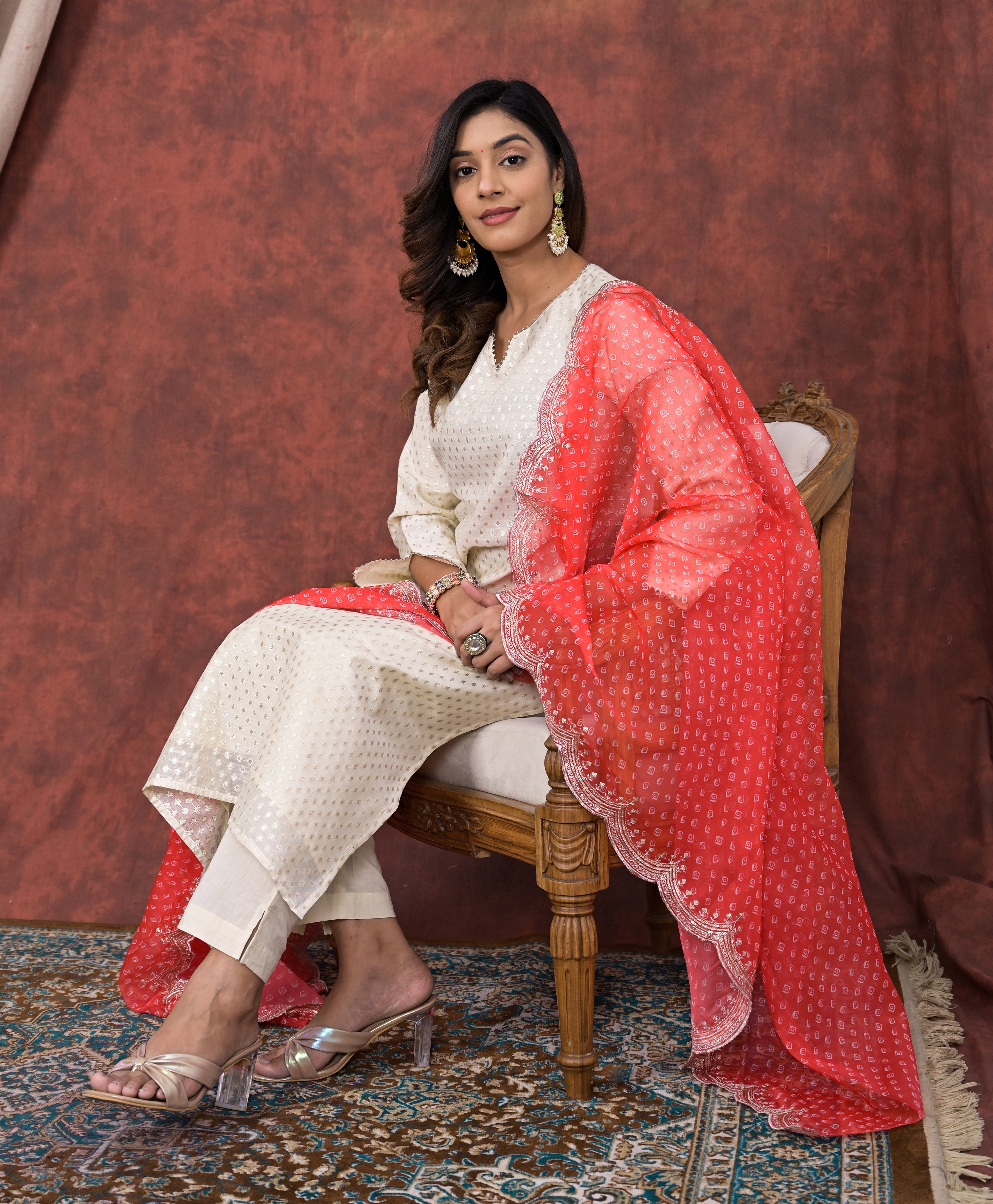 White Embellished Chanderi Kurta Pant Set With Chiffon Dupatta