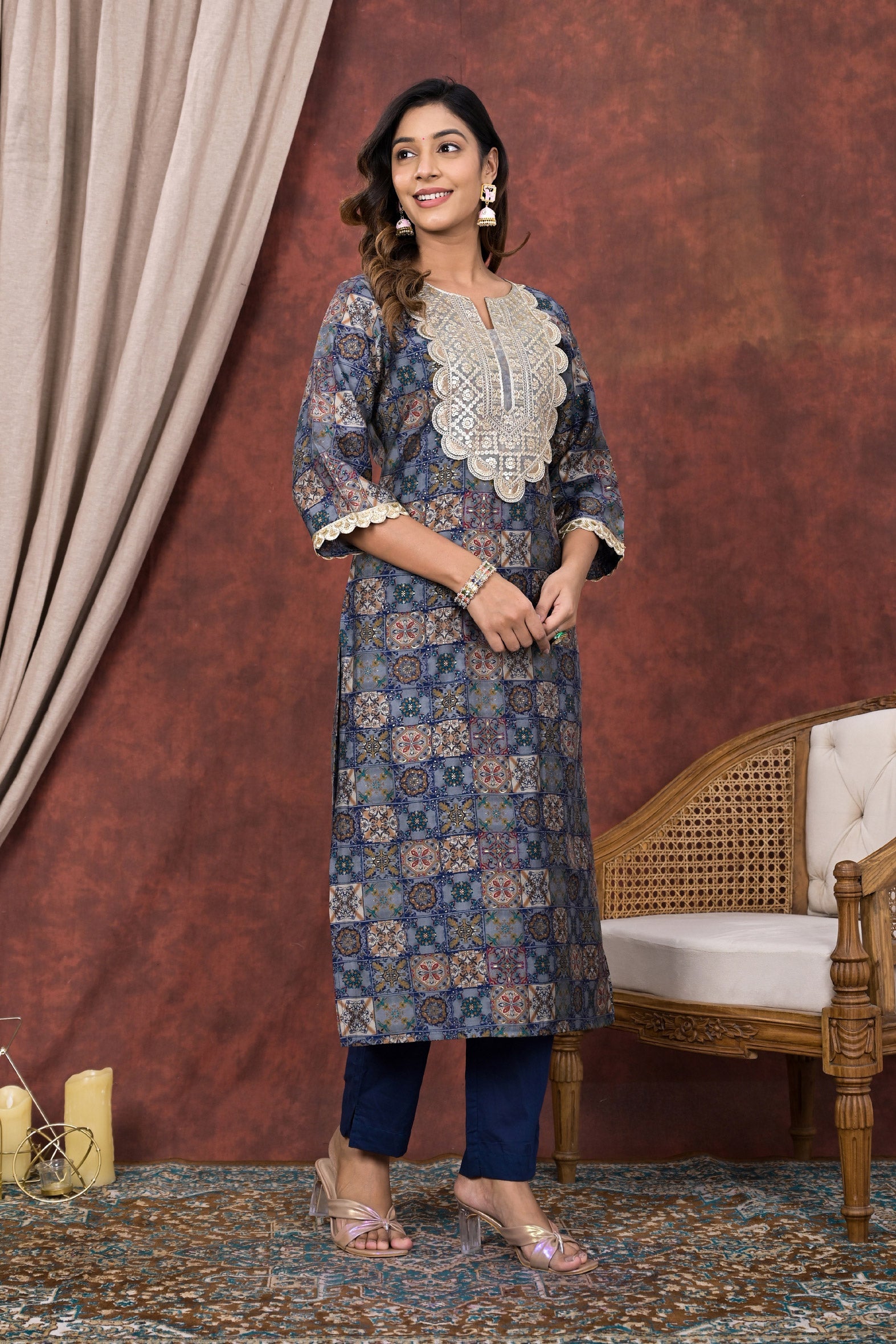 Blue Digital Printed Modal Chanderi Partywear Kurta Pant Set