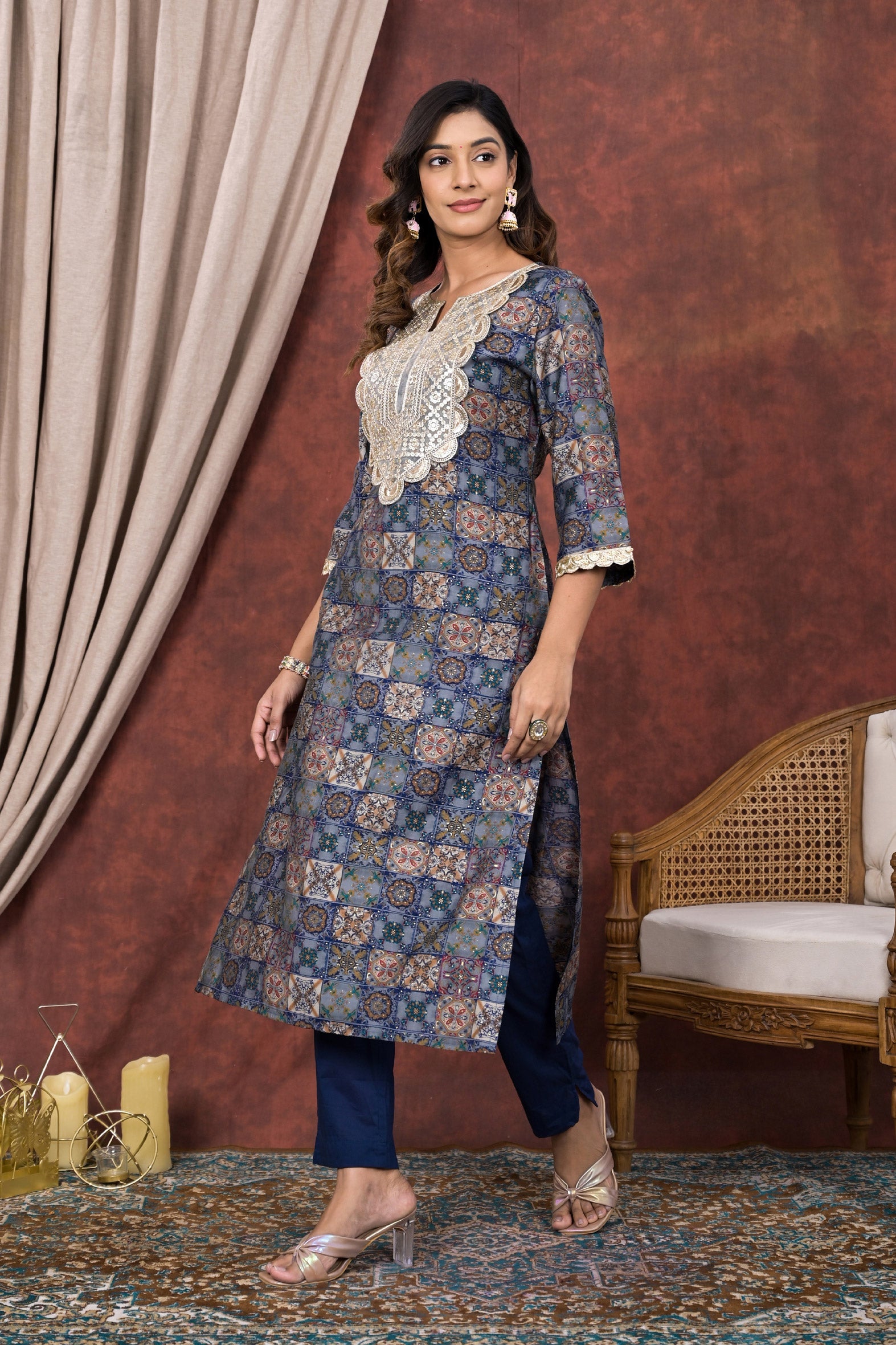 Blue Digital Printed Modal Chanderi Partywear Kurta Pant Set