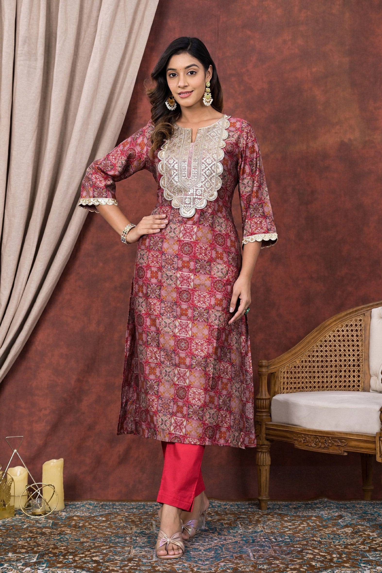 Red Digital Printed Modal Chanderi Partywear Kurta Pant Set