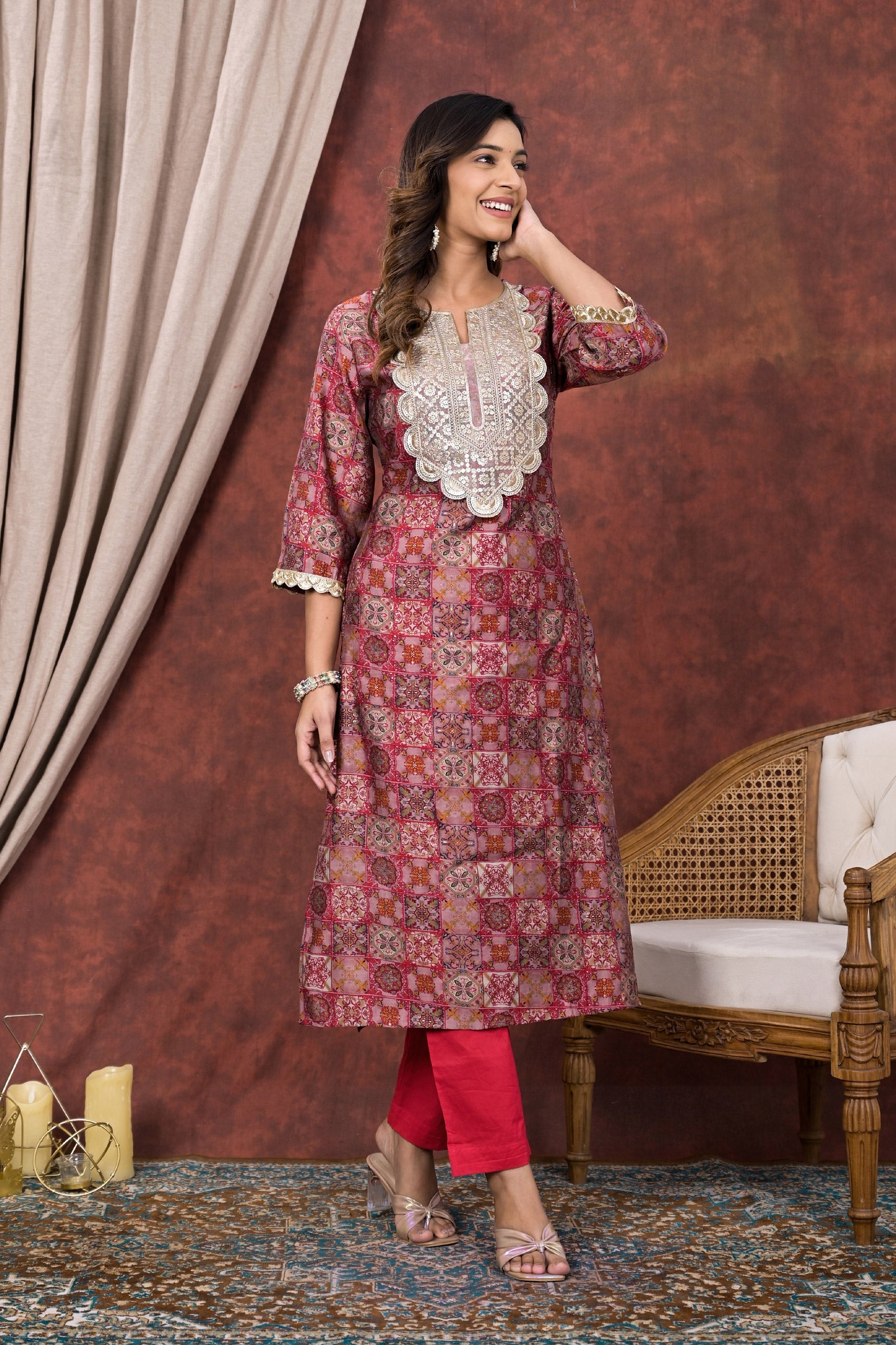 Red Digital Printed Modal Chanderi Partywear Kurta Pant Set