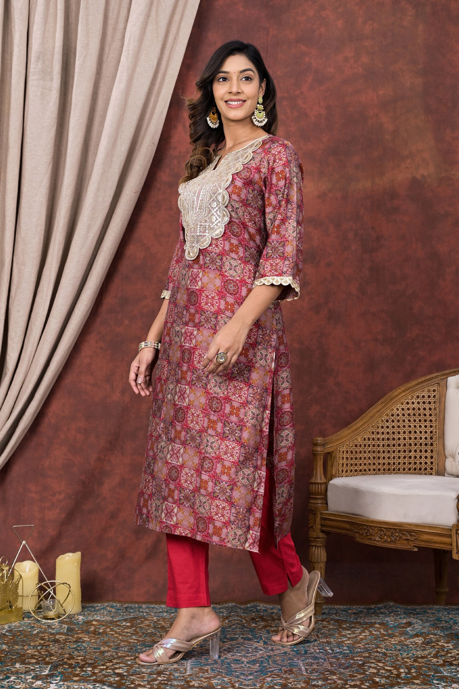 Red Digital Printed Modal Chanderi Partywear Kurta Pant Set