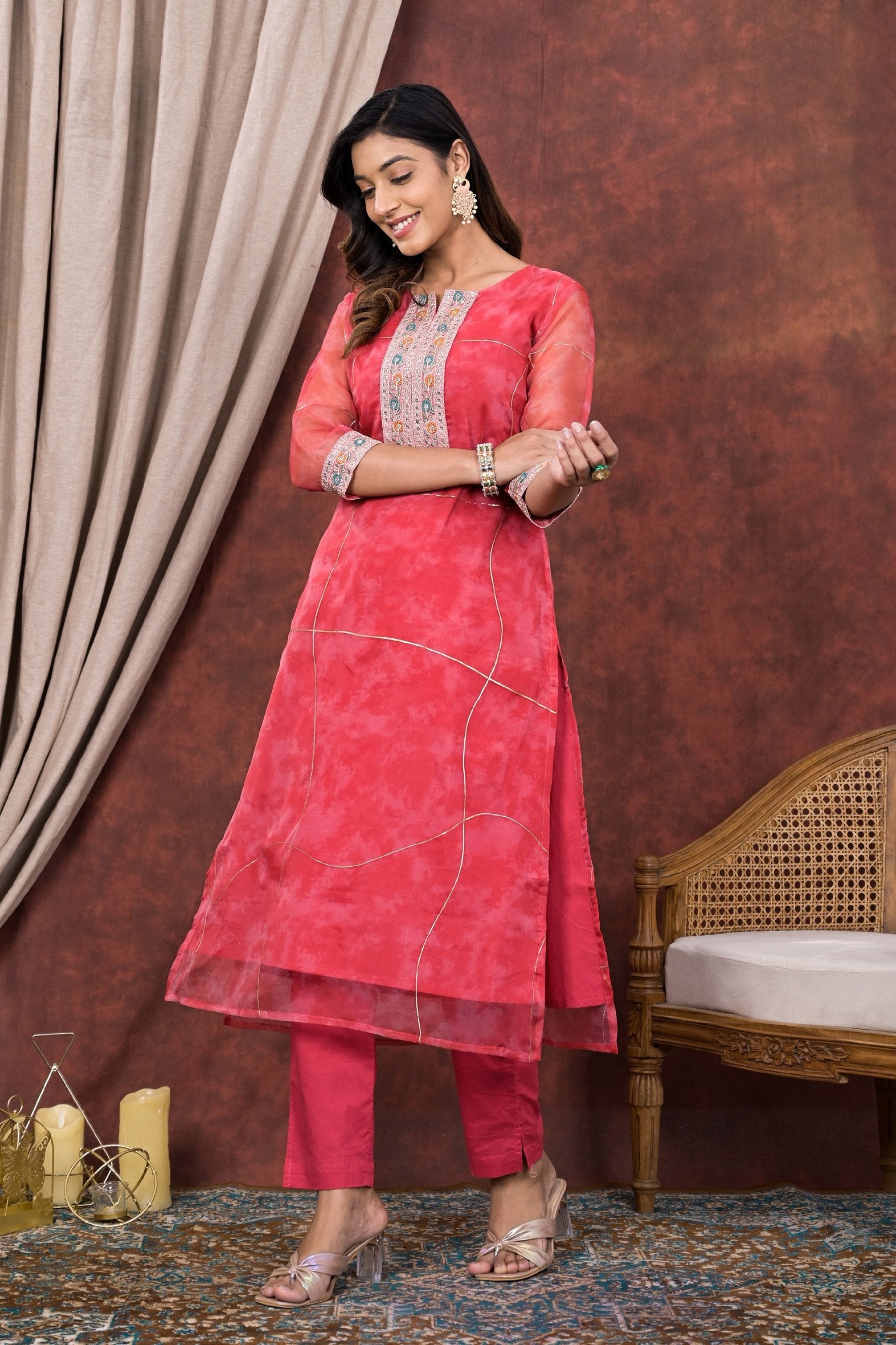 Pink Digital Printed Organza Kurta Pant Set