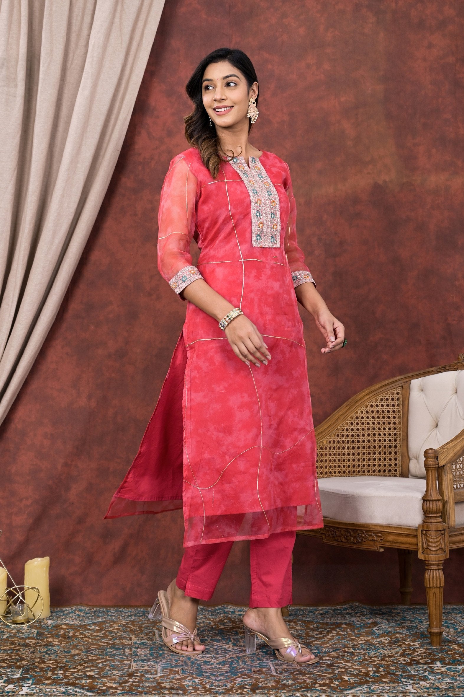 Pink Digital Printed Organza Kurta Pant Set