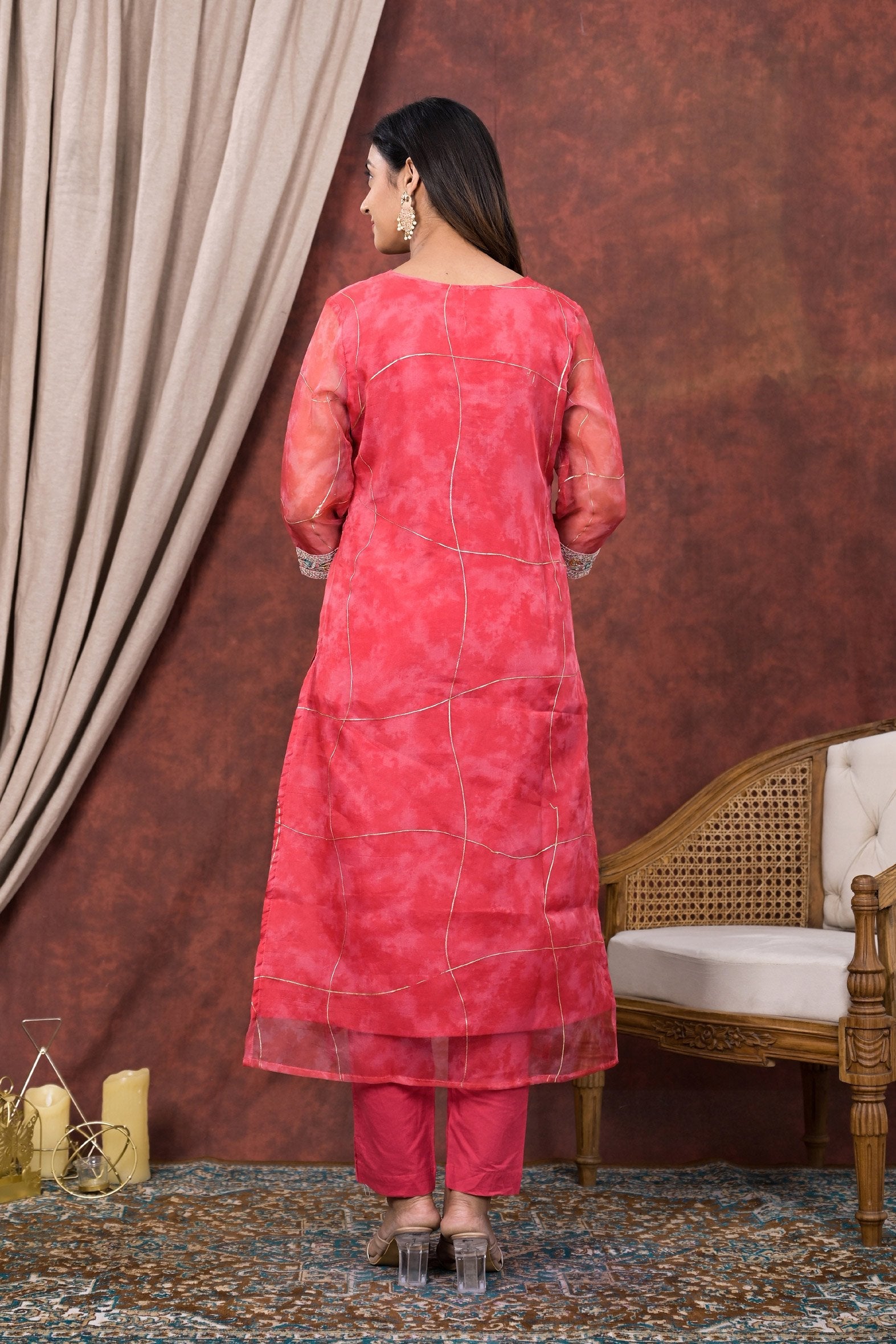 Pink Digital Printed Organza Kurta Pant Set