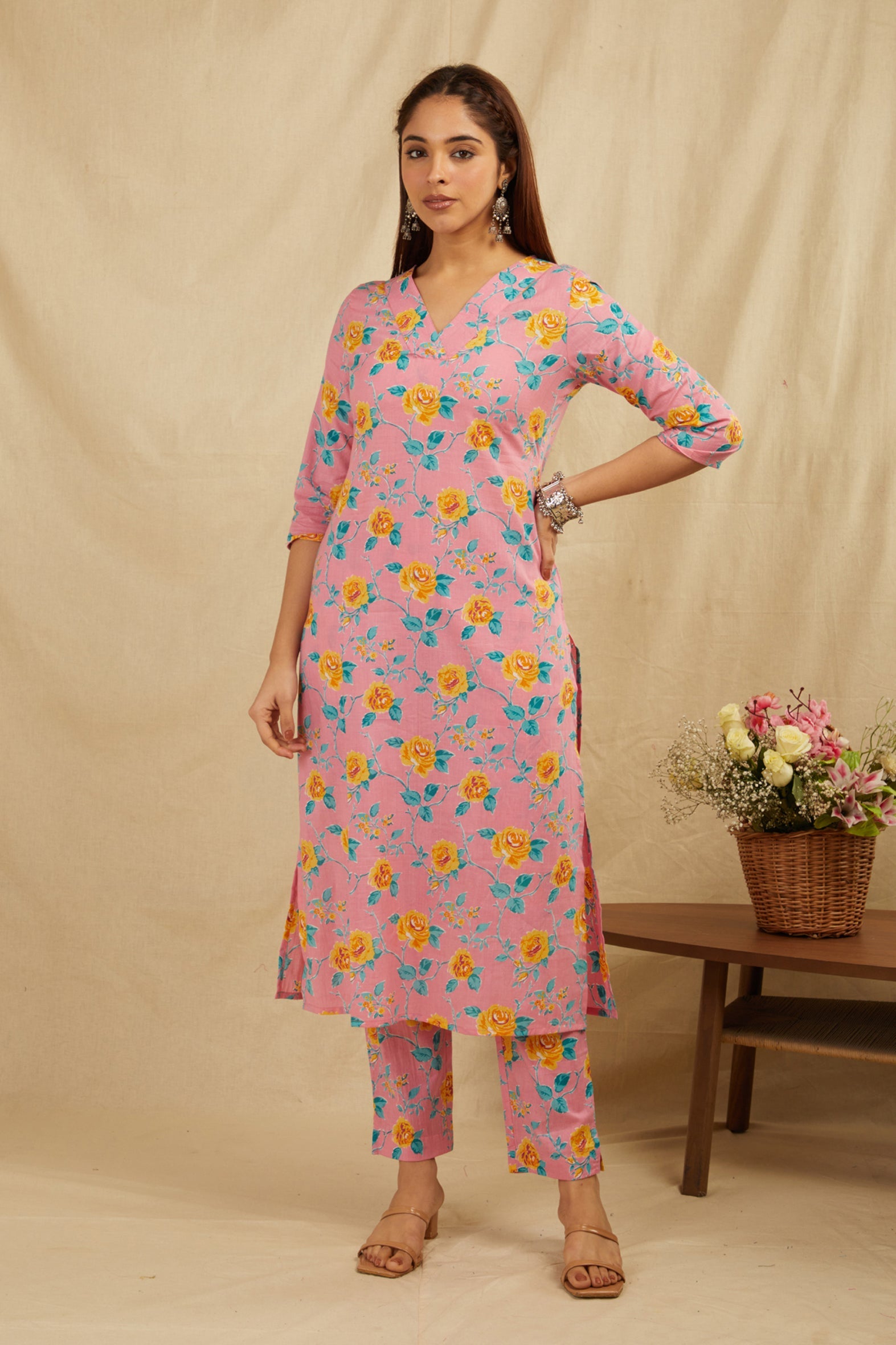 Peach Cotton Straight Kurta Pant Set