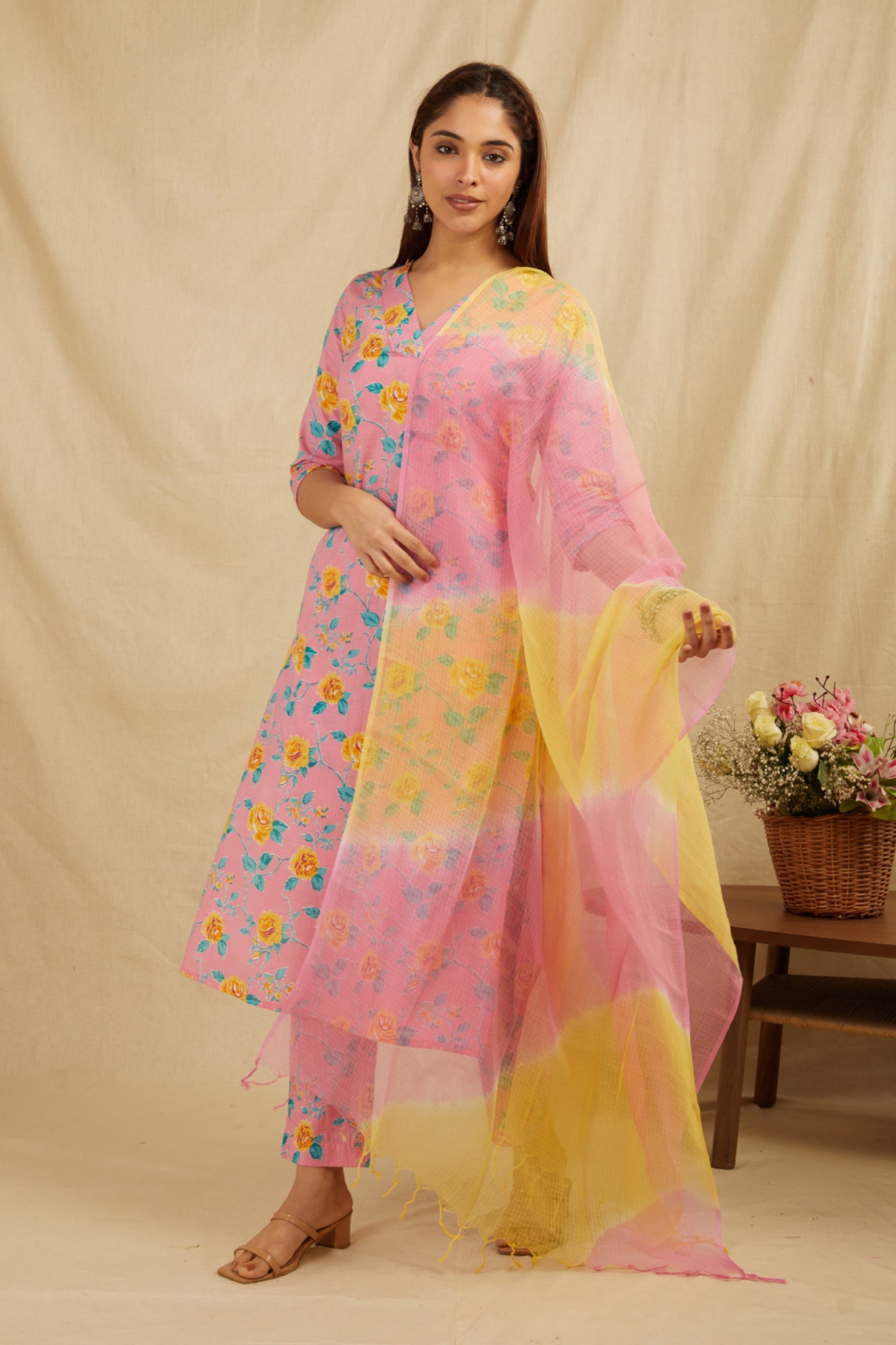 Pink Cotton Straight Kurta Pant Set With Dupatta