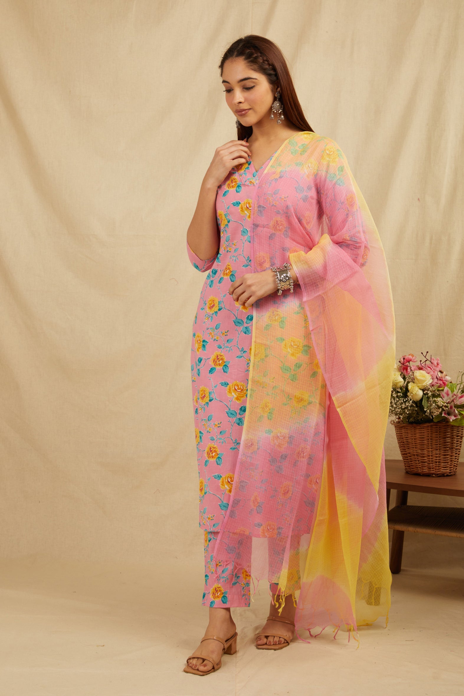 Pink Cotton Straight Kurta Pant Set With Dupatta