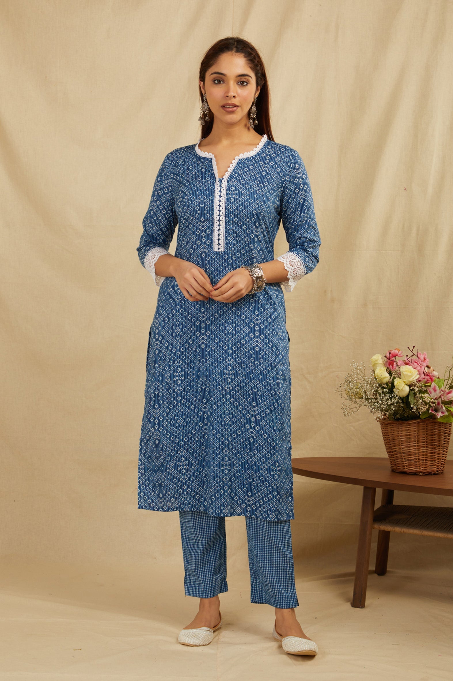 Indigo Bandhej Printed Cotton Kurta Pant Set