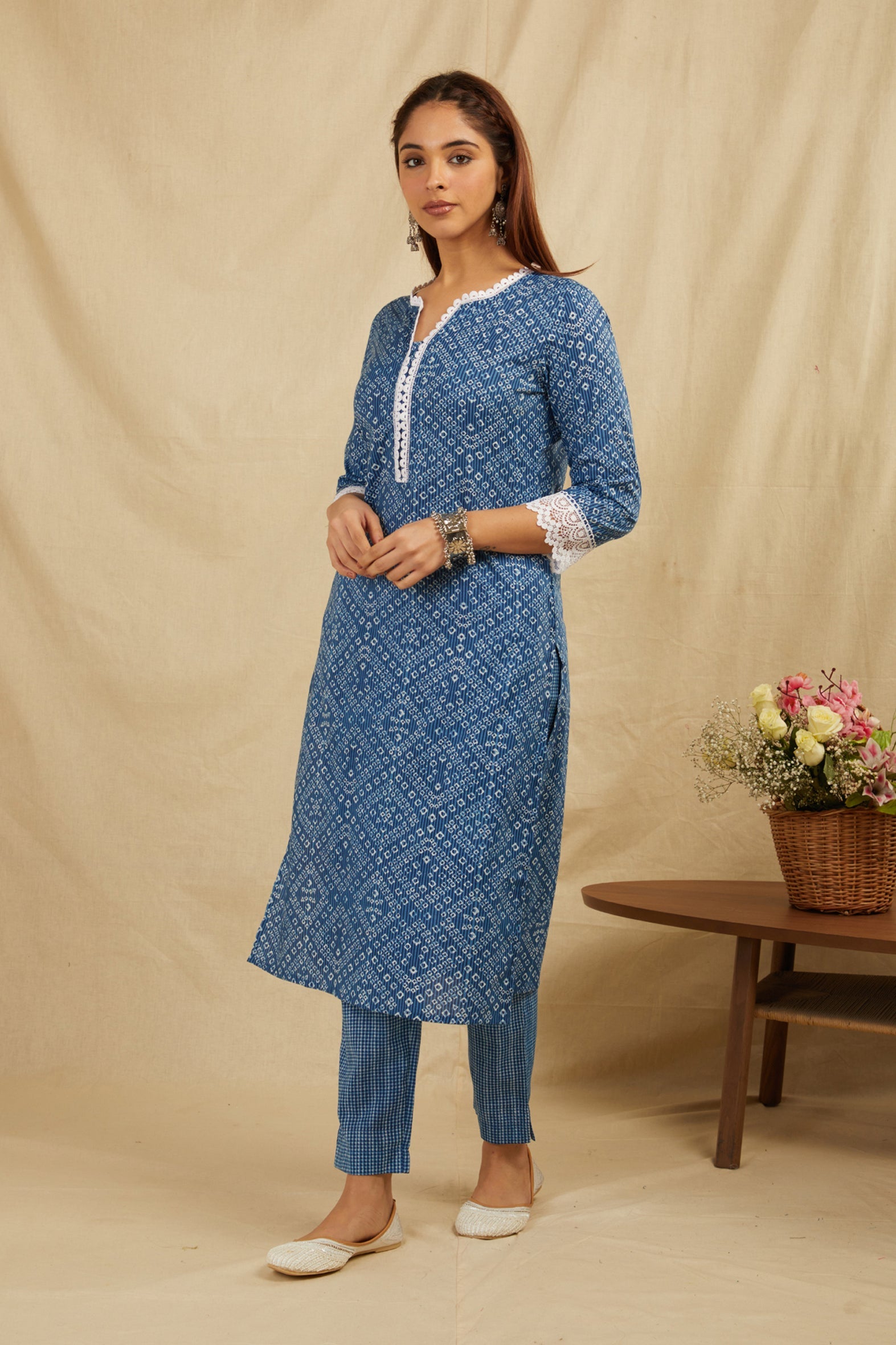 Indigo Bandhej Printed Cotton Kurta Pant Set