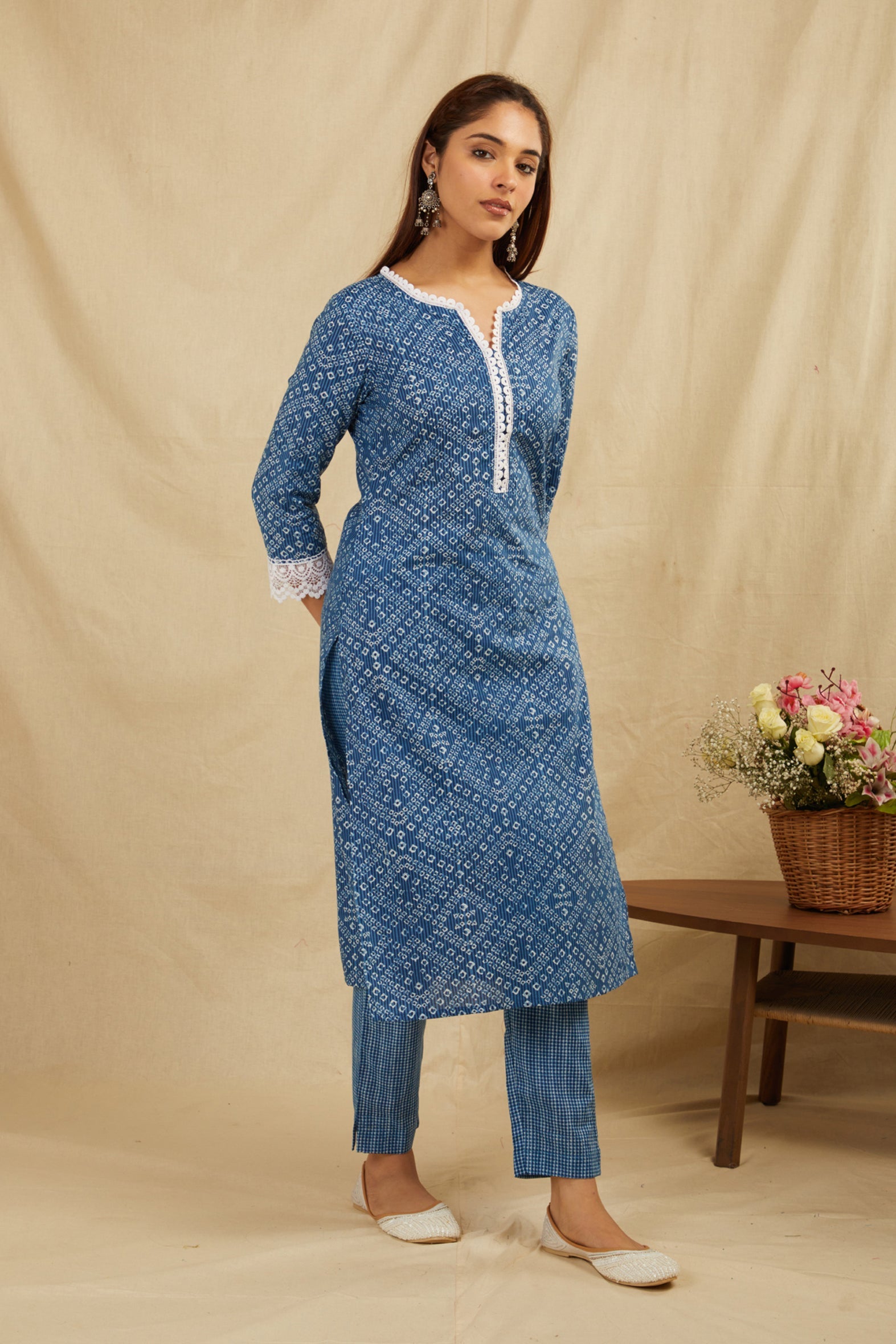 Indigo Bandhej Printed Cotton Kurta Pant Set