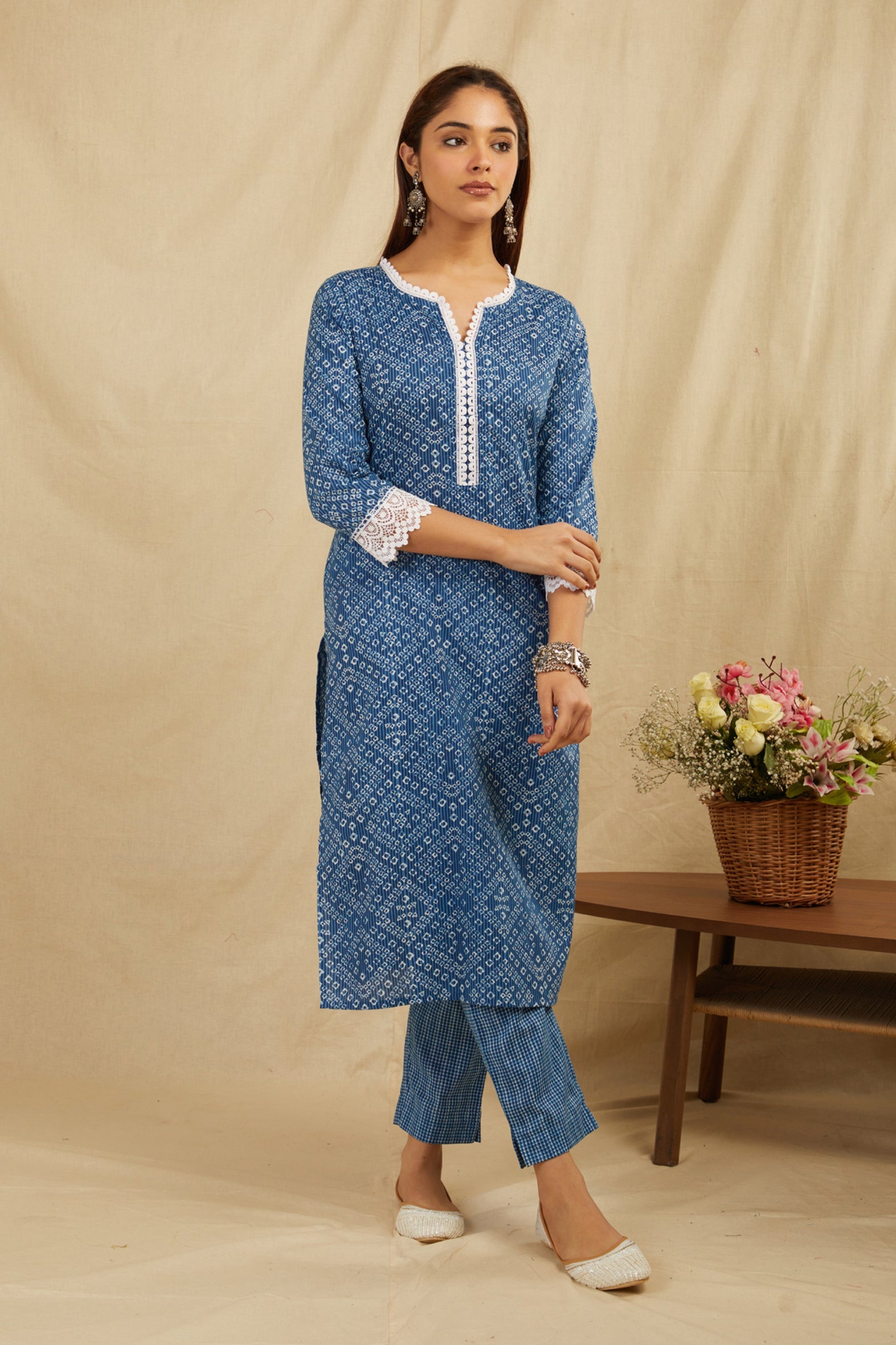 Indigo Bandhej Printed Cotton Kurta Pant Set