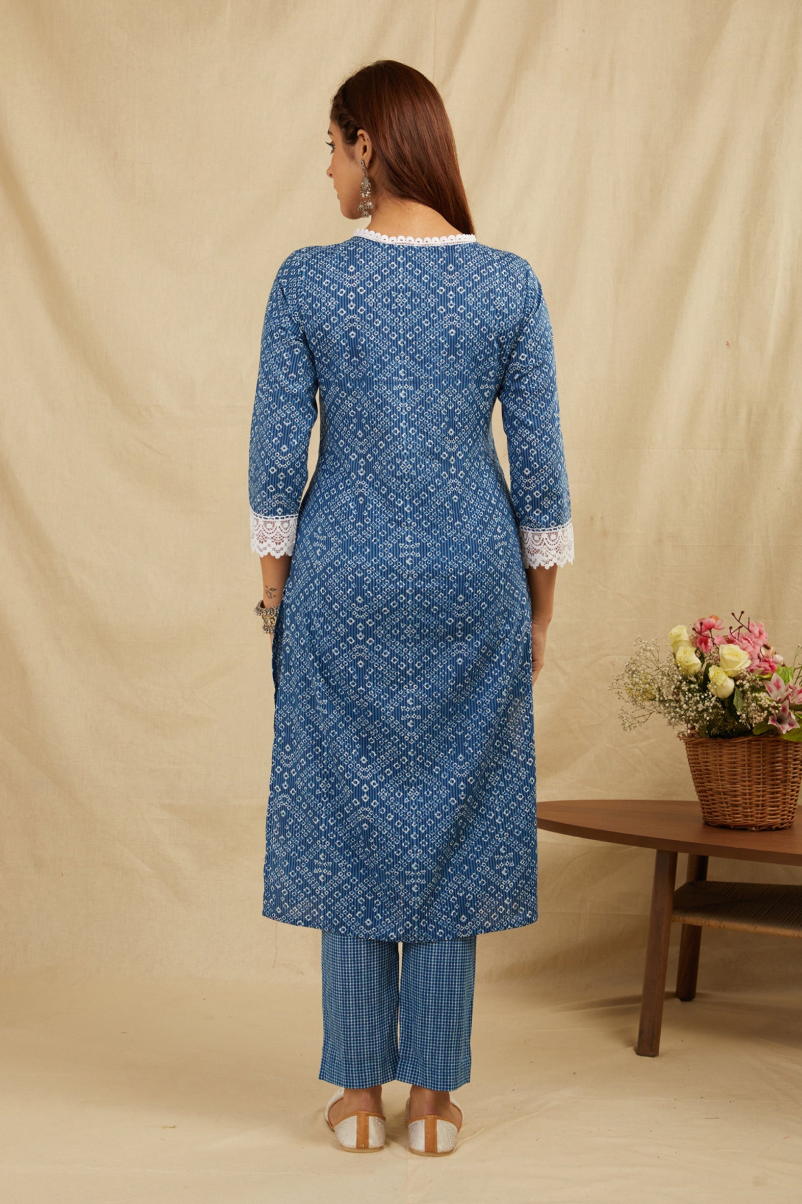 Indigo Bandhej Printed Cotton Kurta Pant Set