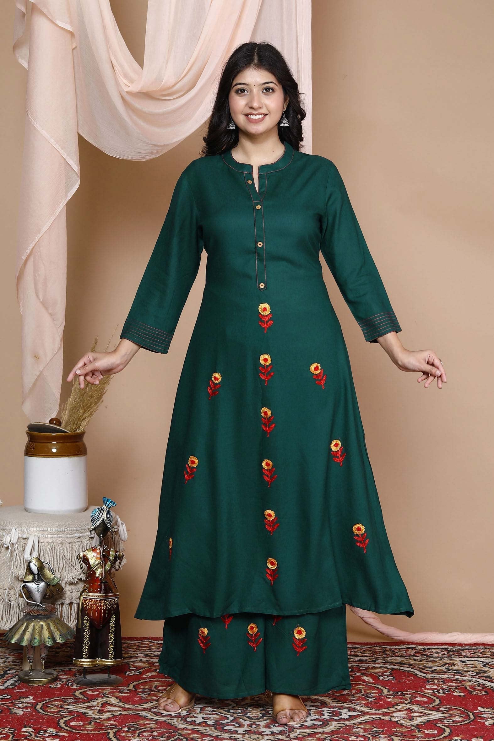 Sea Green Rayon Embroideried Solid Long Kurta with Palazzo