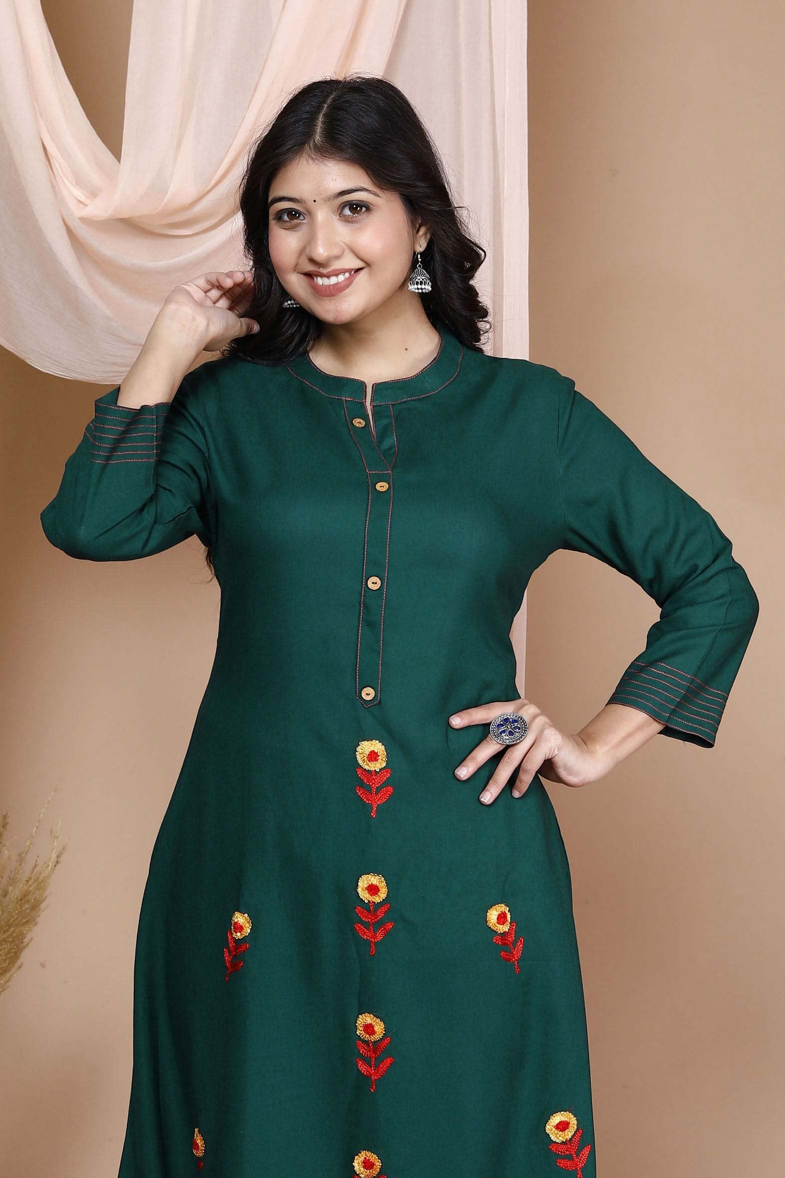 Sea Green Rayon Embroideried Solid Long Kurta with Palazzo