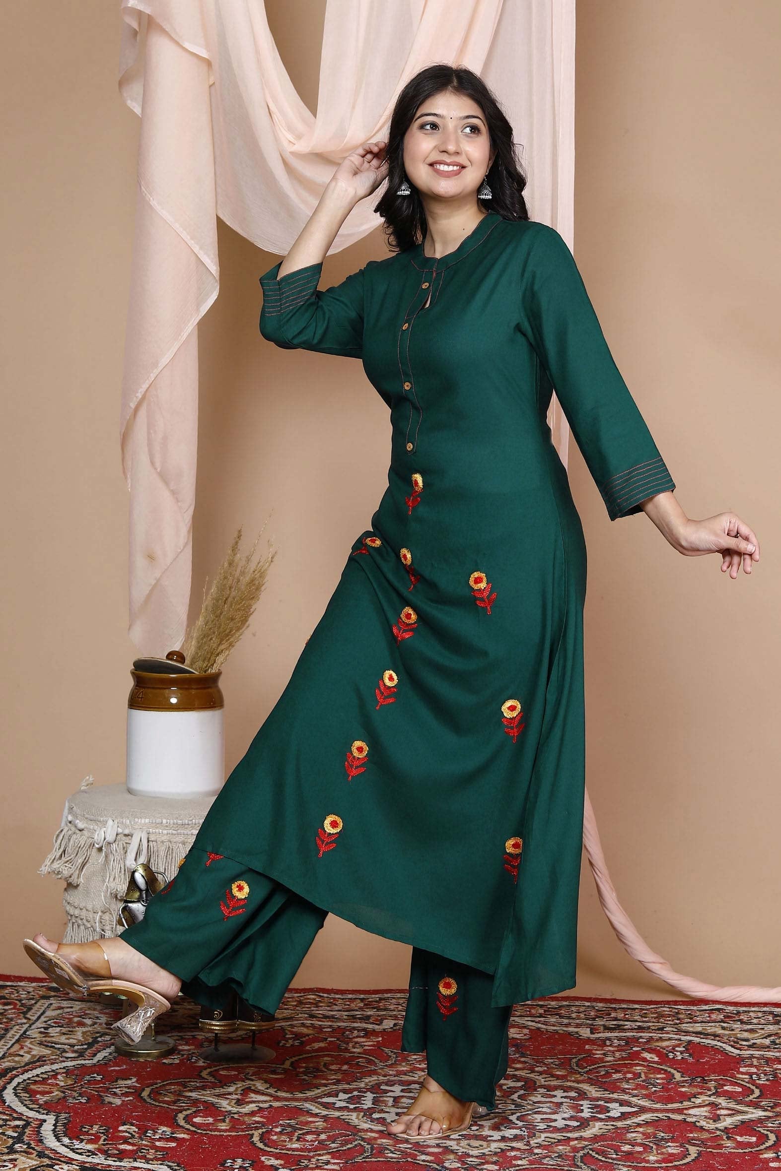 Sea Green Rayon Embroideried Solid Long Kurta with Palazzo