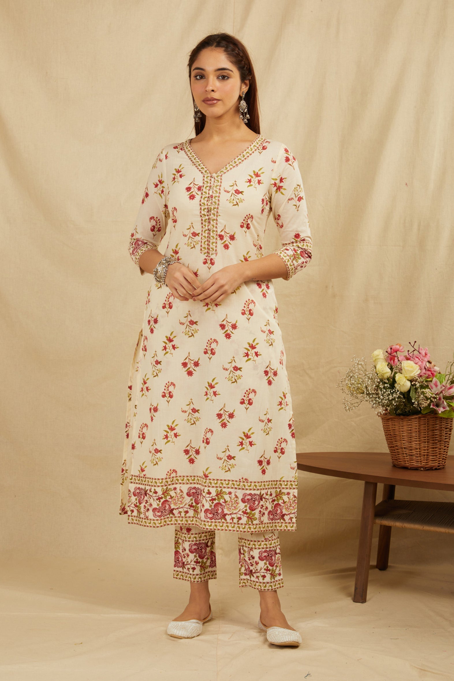 Cream Butti Printed Cotton Kurta Pant Set